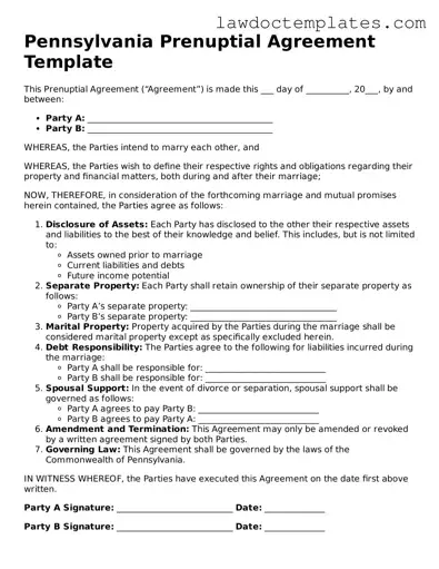 Prenuptial Agreement Document for Pennsylvania State