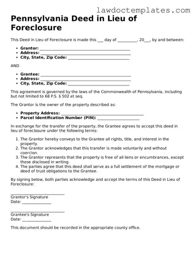 Deed in Lieu of Foreclosure Document for Pennsylvania State
