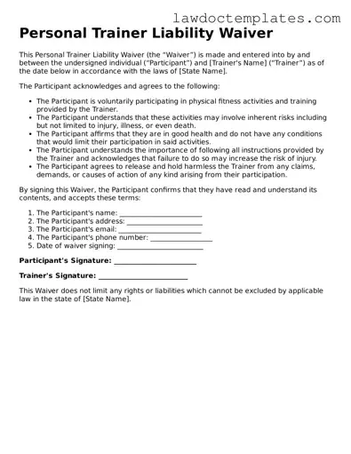 Blank Personal Trainer Liability Waiver Document