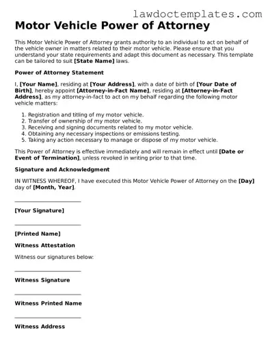 Blank Motor Vehicle Power of Attorney Document