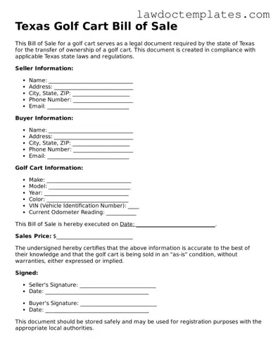 Golf Cart Bill of Sale Document for Texas State