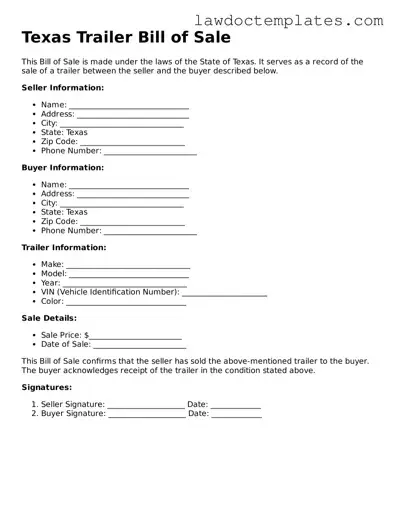 Trailer Bill of Sale Document for Texas State