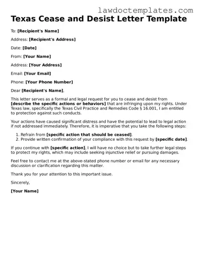 Cease and Desist Letter Document for Texas State