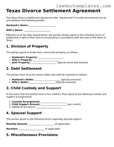 Divorce Settlement Agreement Document for Texas State