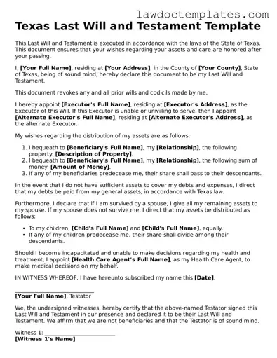 Last Will and Testament Document for Texas State