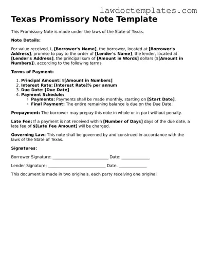 Promissory Note Document for Texas State