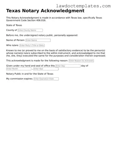 Notary Acknowledgement Document for Texas State