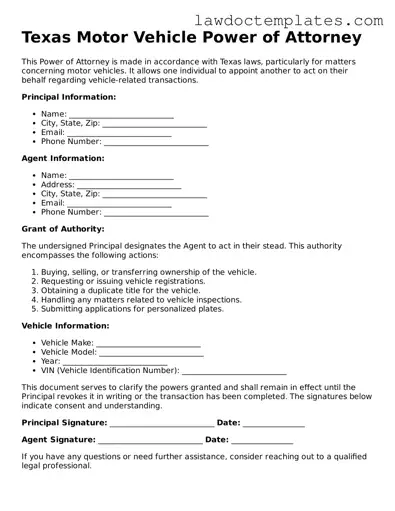 Motor Vehicle Power of Attorney Document for Texas State