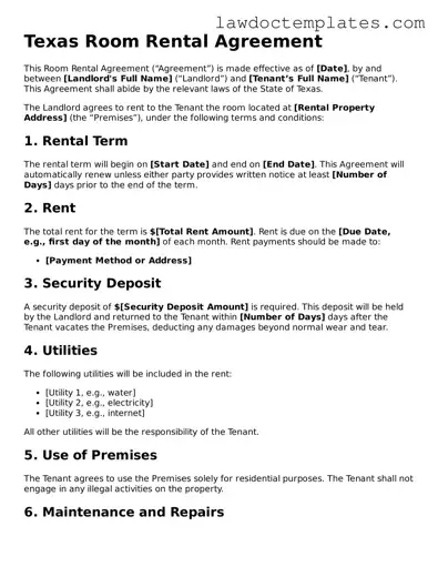 Room Rental Agreement Document for Texas State