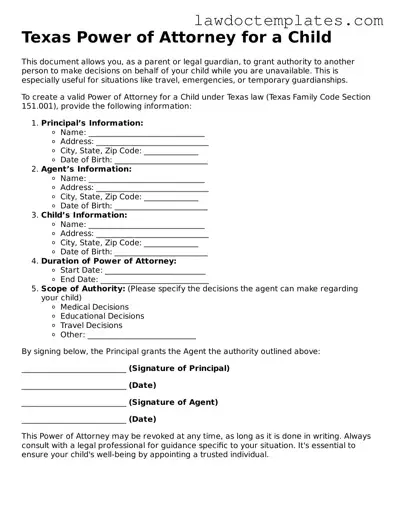 Power of Attorney for a Child Document for Texas State