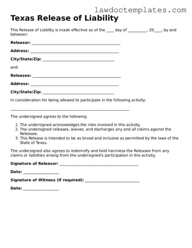 Release of Liability Document for Texas State