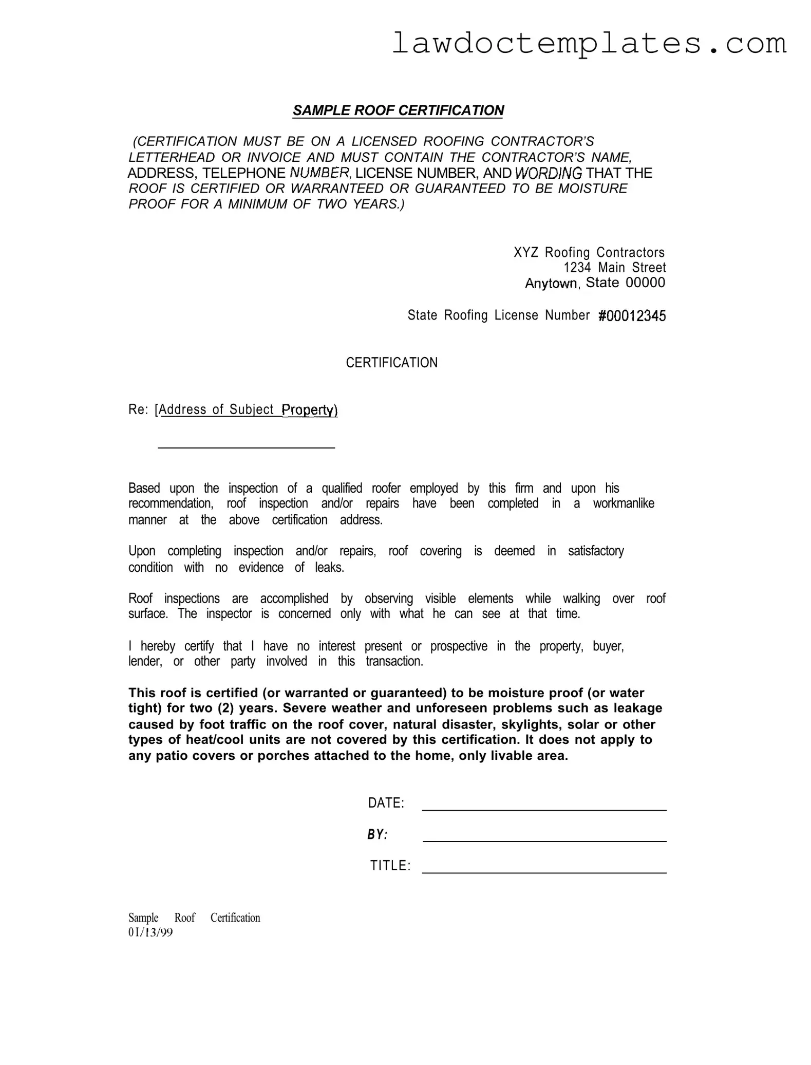 Fill Your Sample Roof Certification Form
