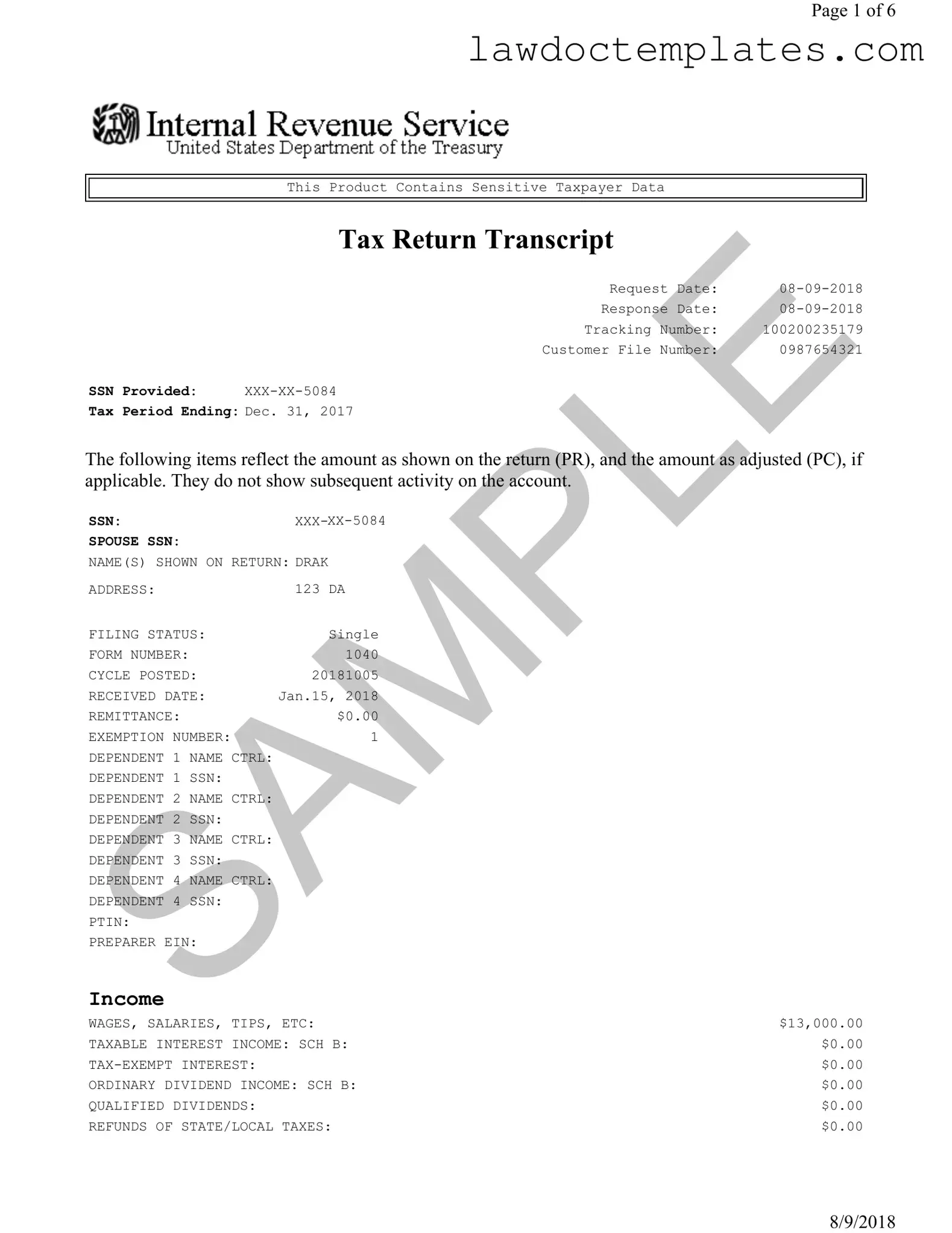 Fill Your Sample Tax Return Transcript Form