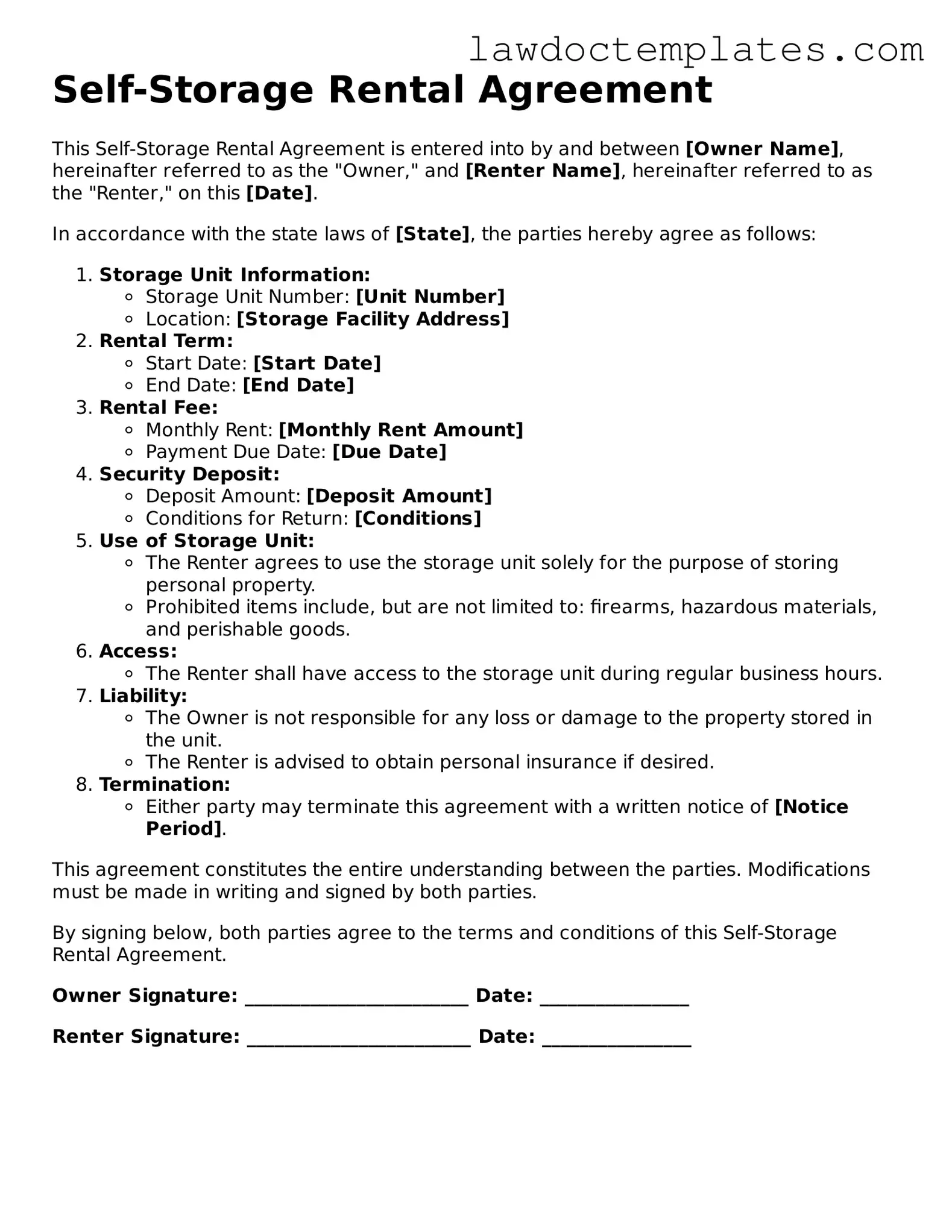 Blank Self-Storage Rental Agreement Document