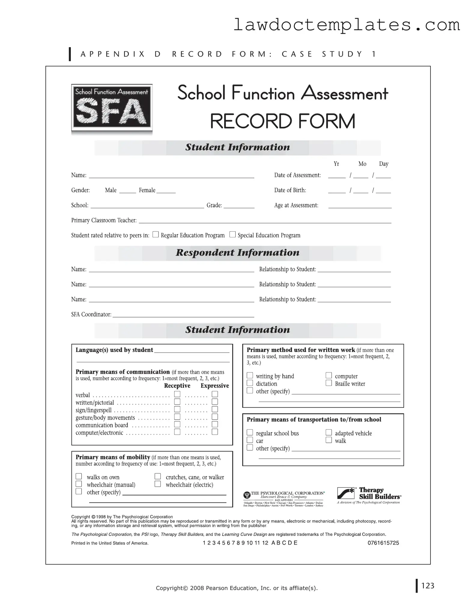 Fill Your School Function Assessment Form