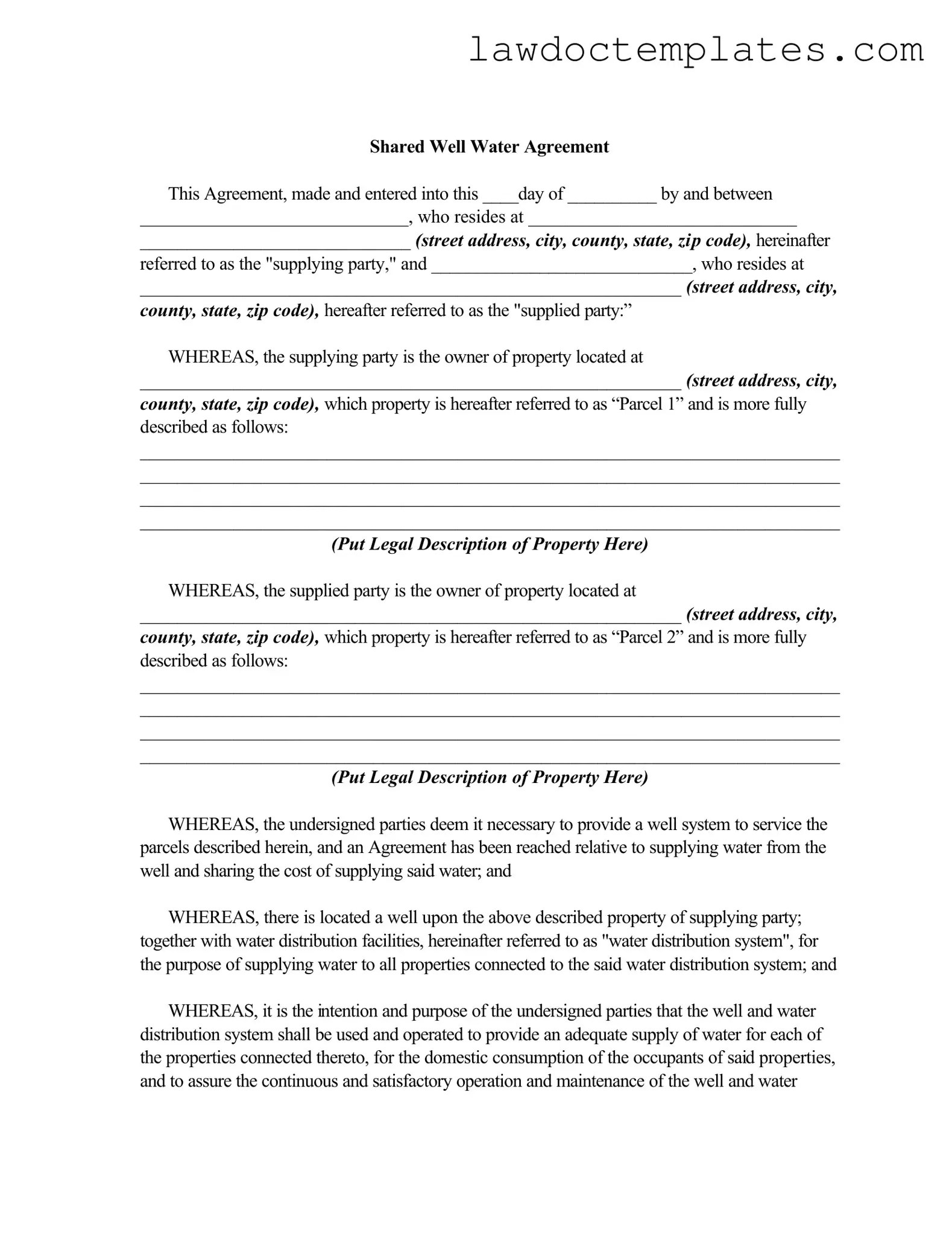 Fill Your Shared Well Agreement Form