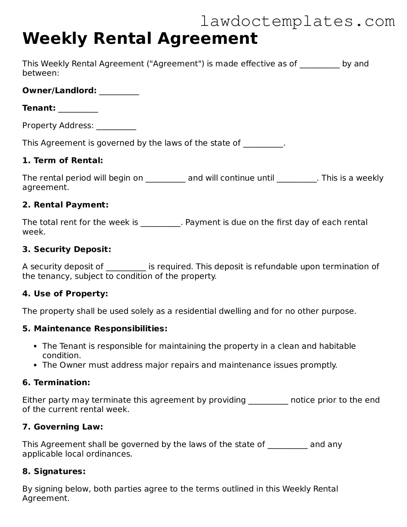 Blank Weekly Rental Agreement Document