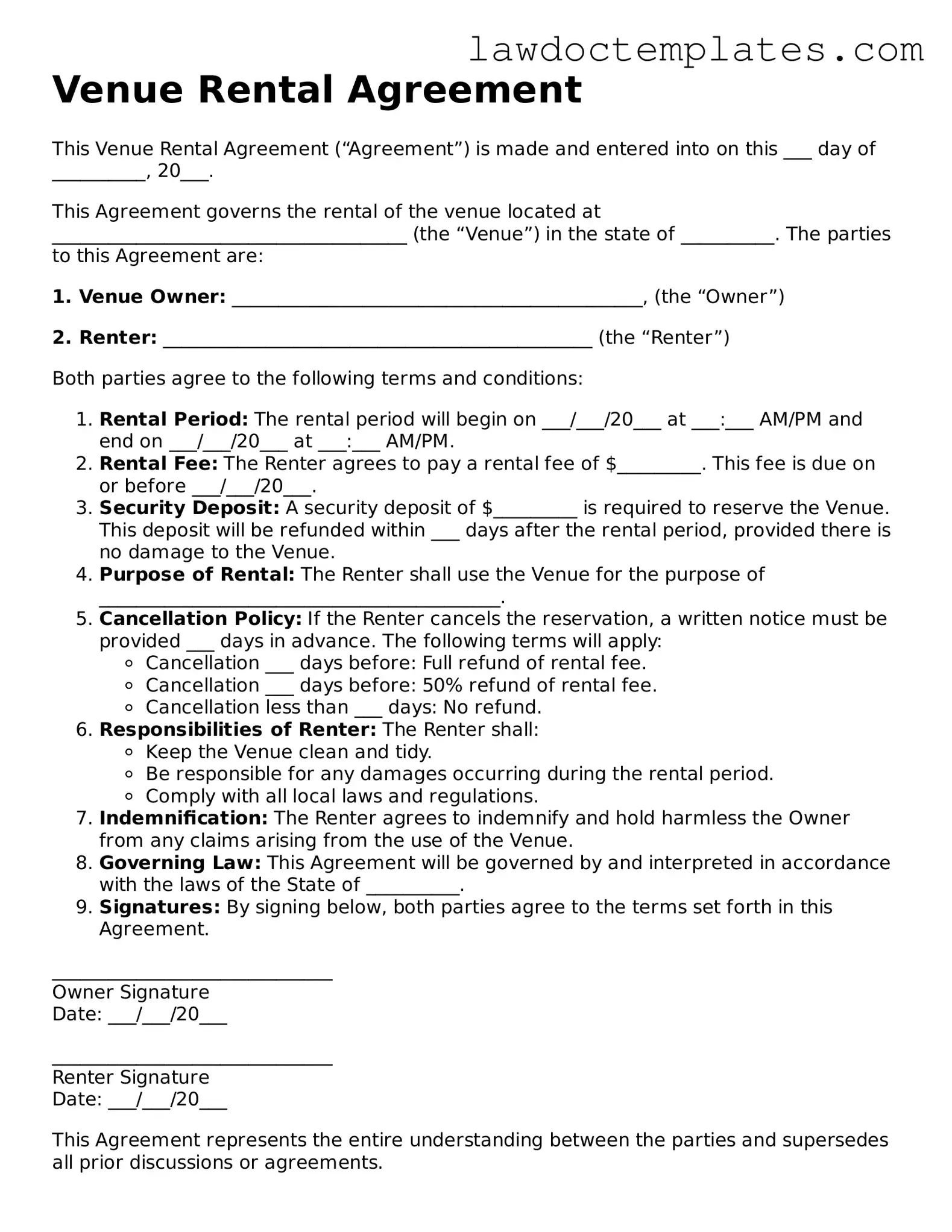 Blank Venue Rental Agreement Document
