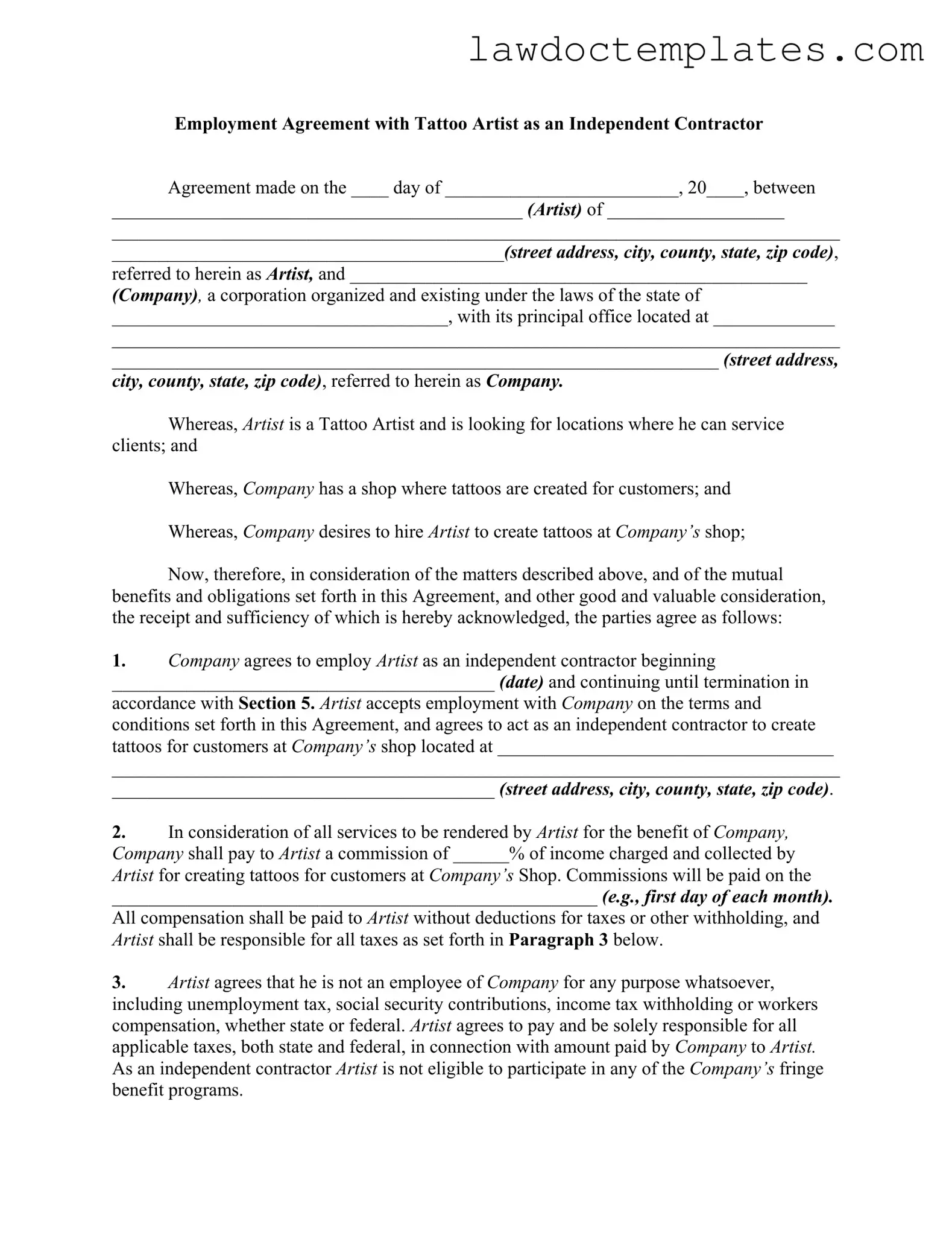 Fill Your Tattoo Shop Artist Agreement Form