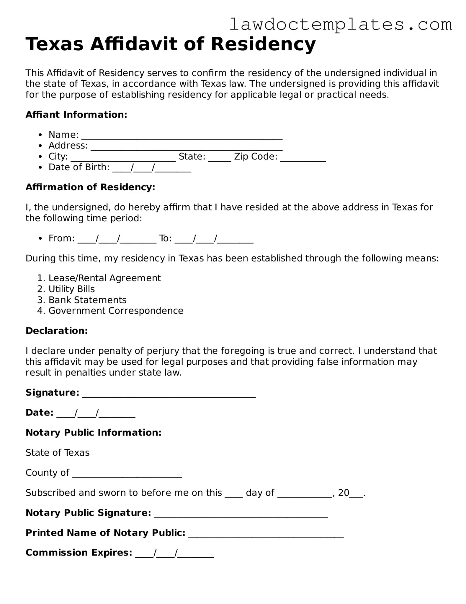 Affidavit of Residency Document for Texas State