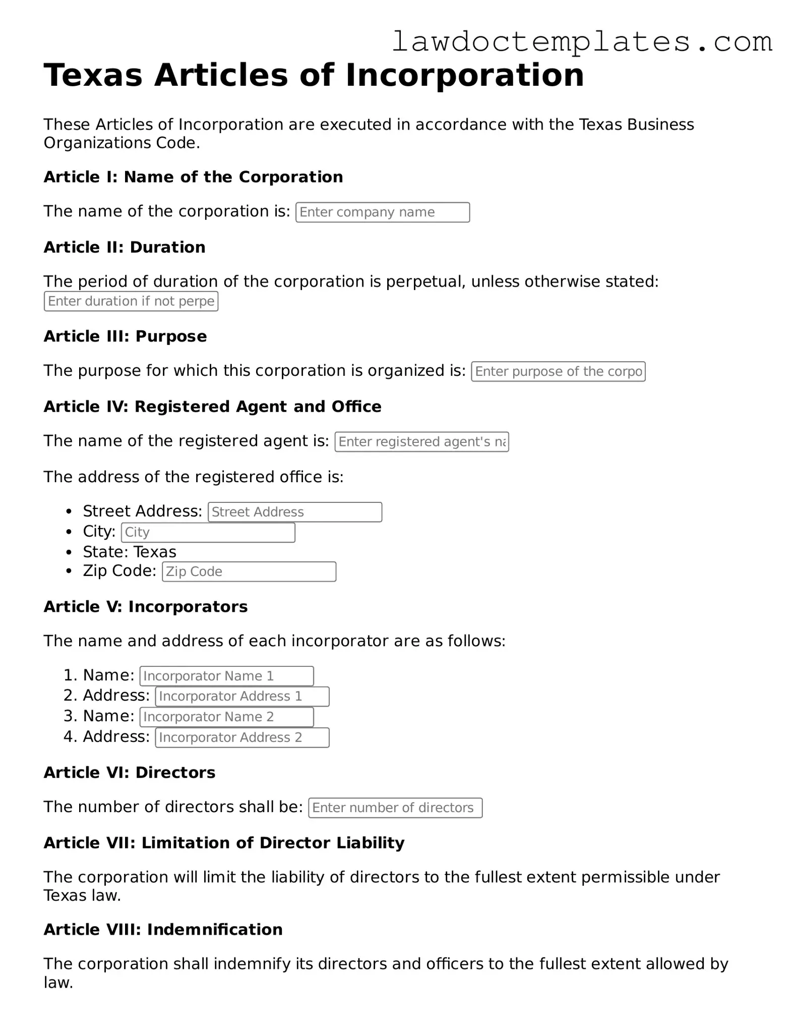 Articles of Incorporation Document for Texas State