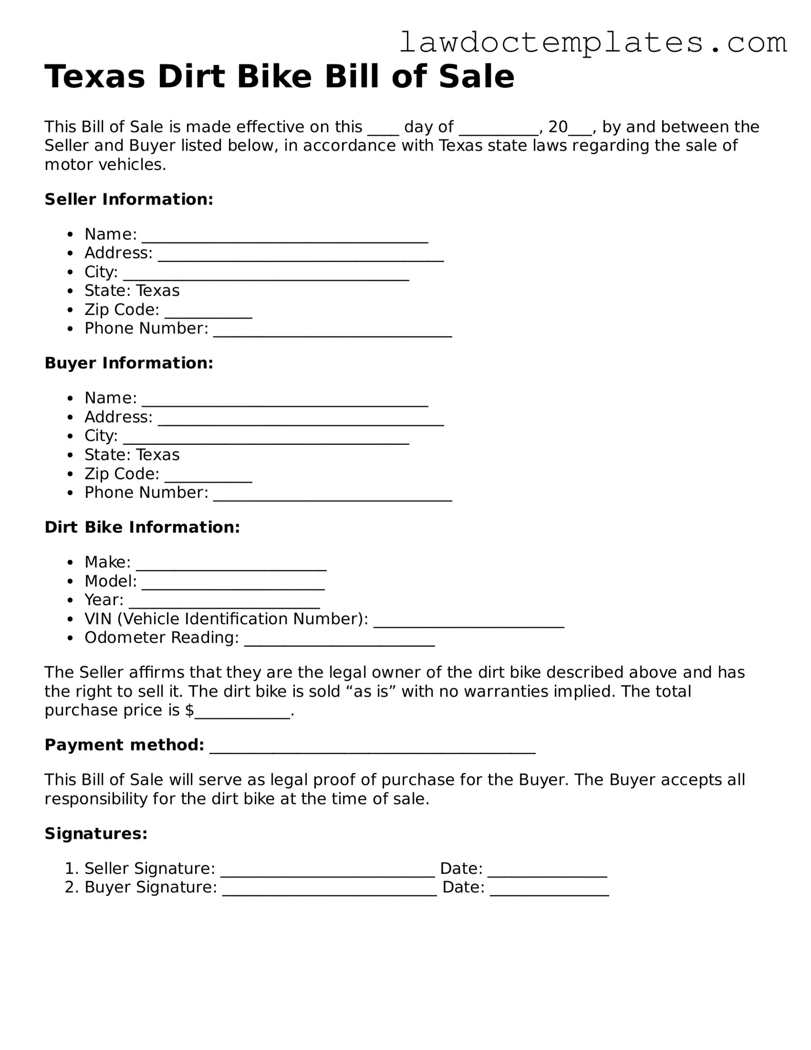 Dirt Bike Bill of Sale Document for Texas State