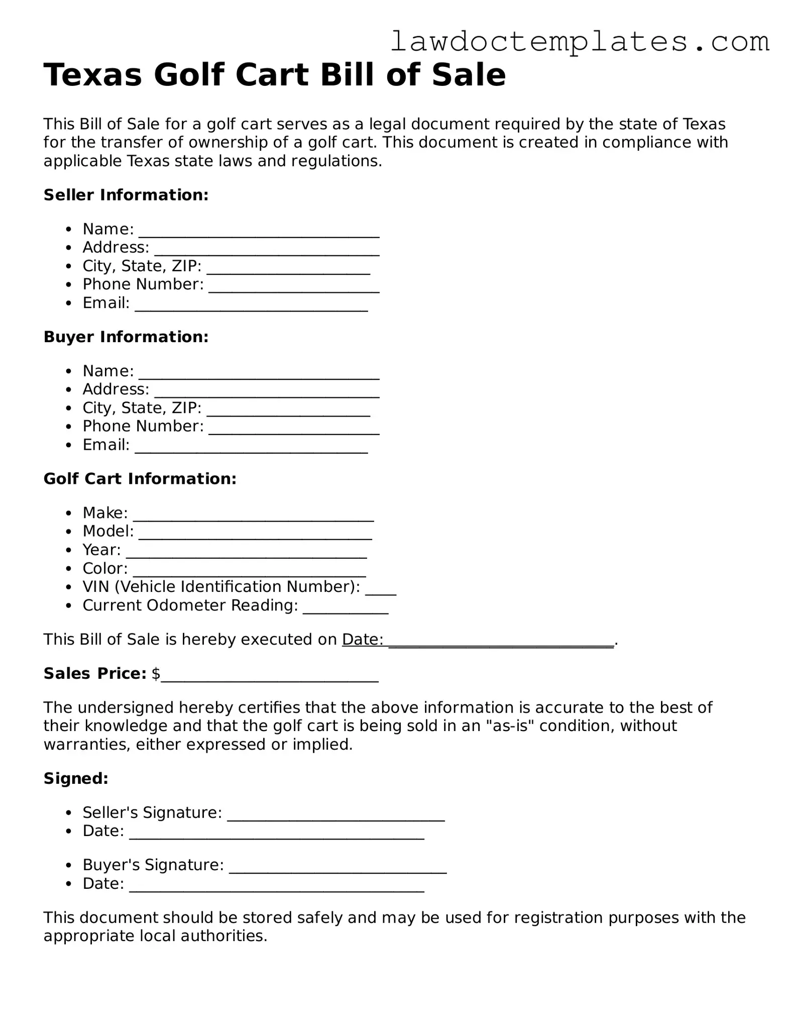 Golf Cart Bill of Sale Document for Texas State