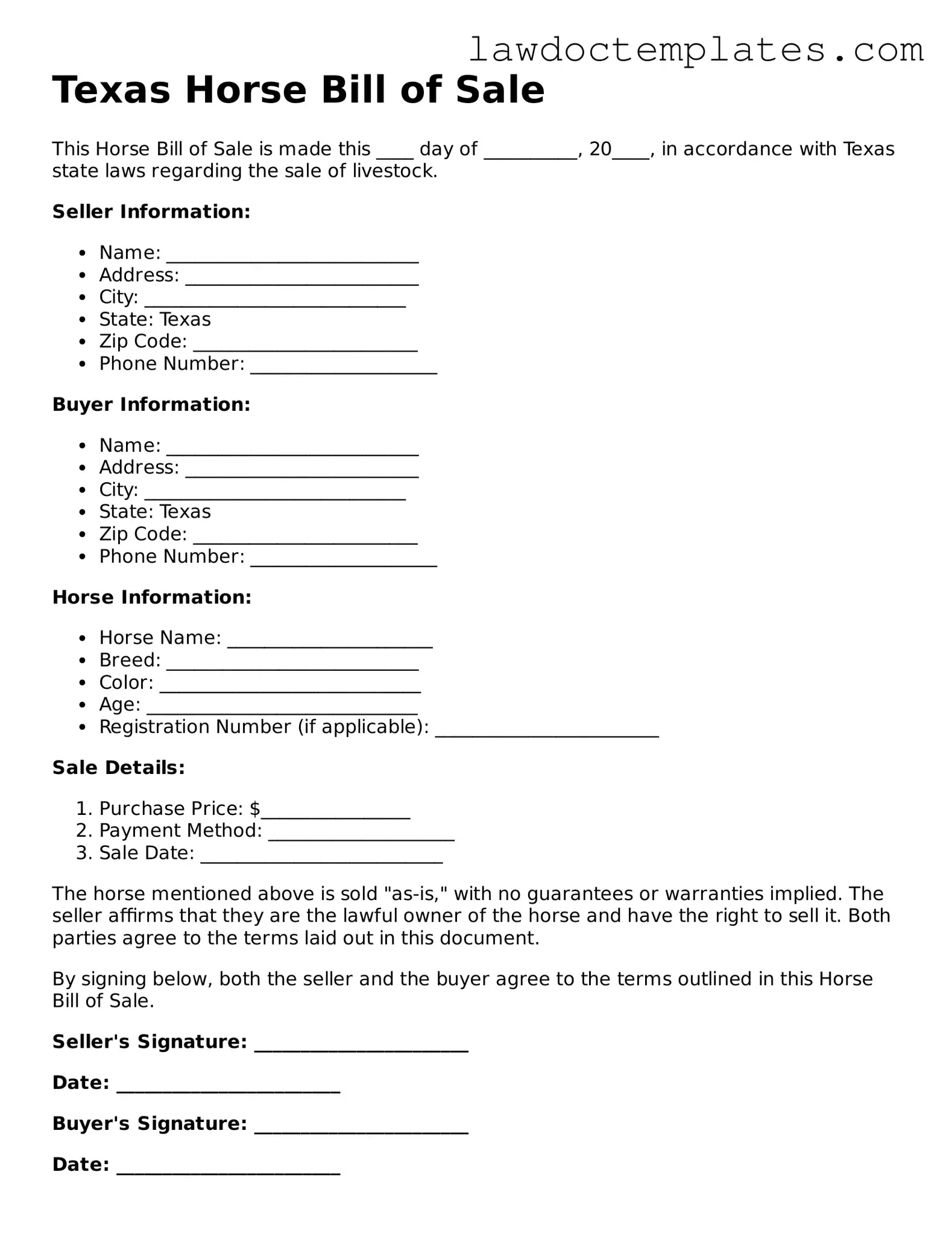 Horse Bill of Sale Document for Texas State