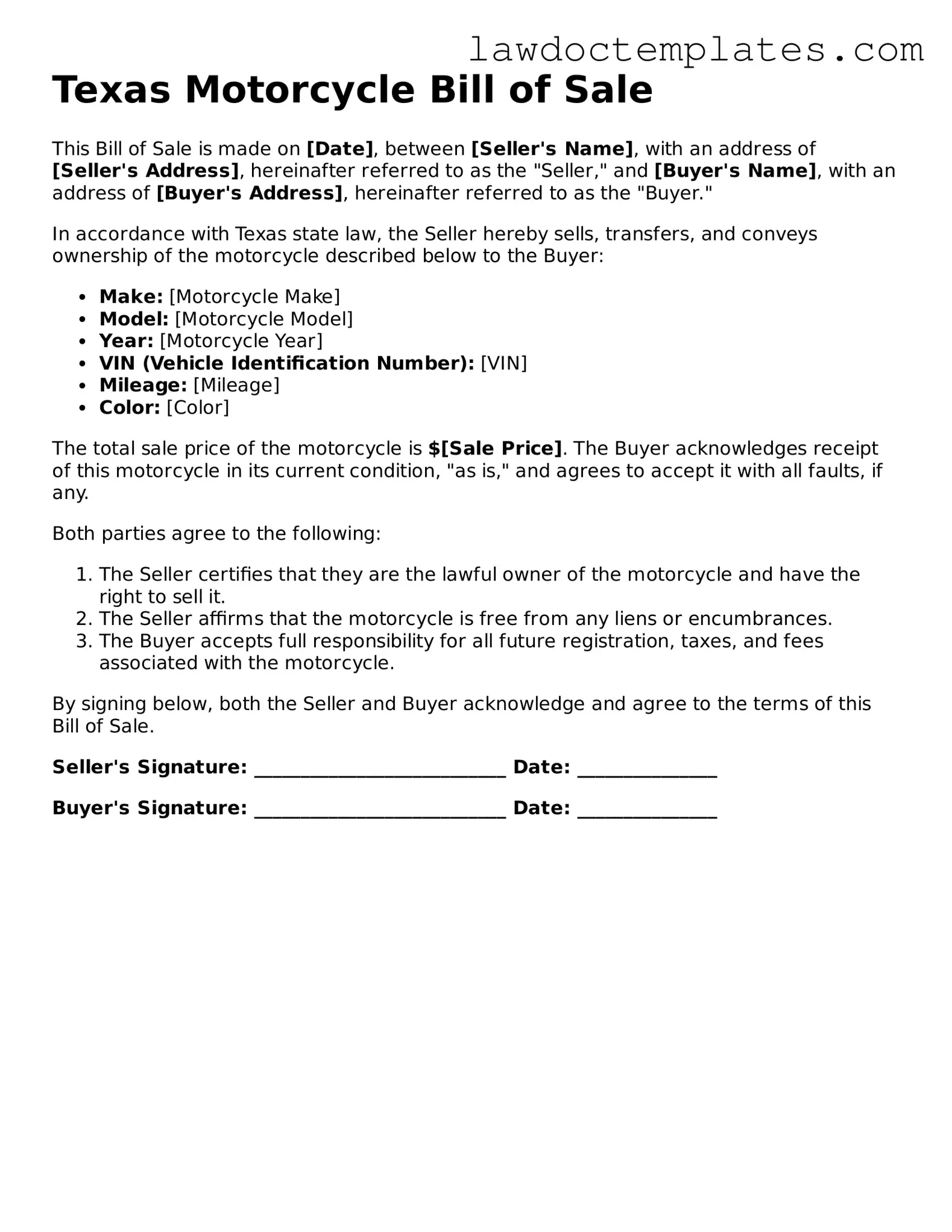 Motorcycle Bill of Sale Document for Texas State