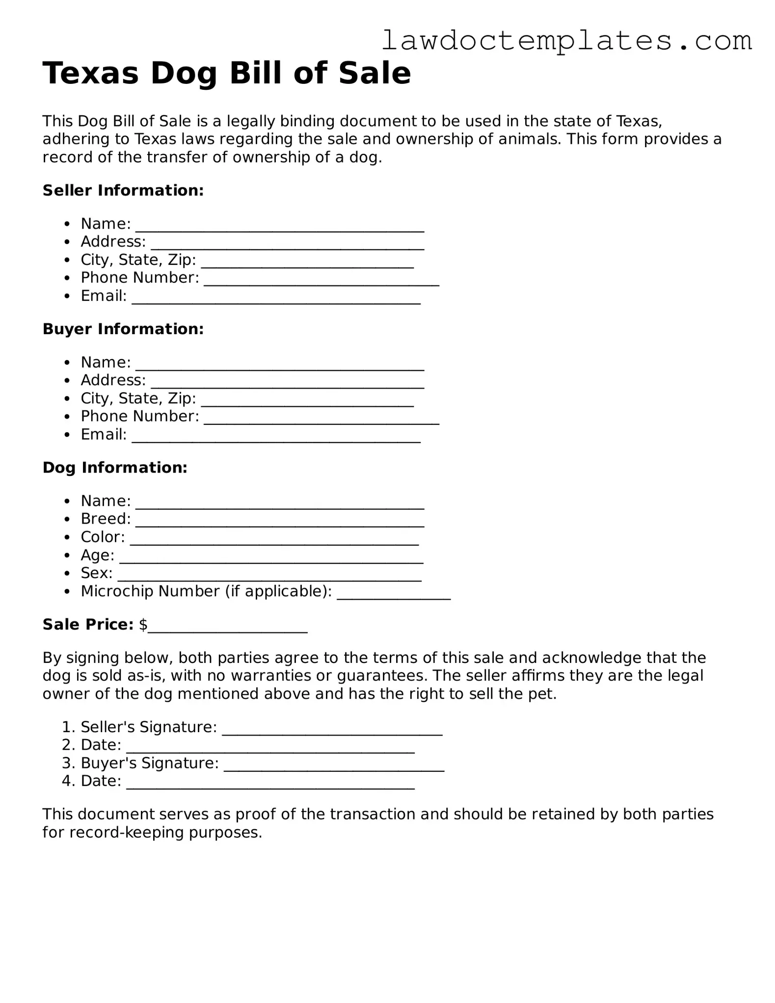 Dog Bill of Sale Document for Texas State