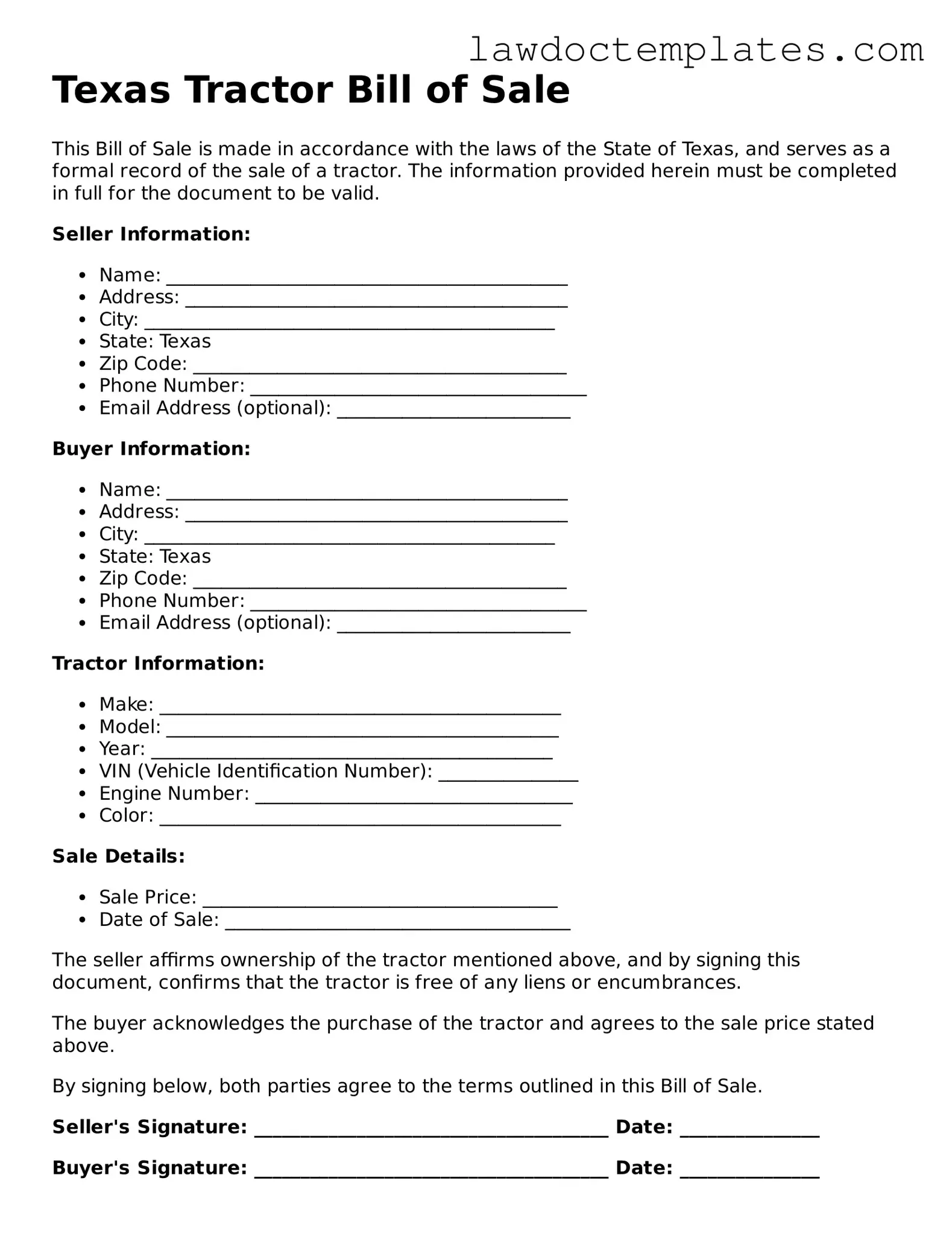Tractor Bill of Sale Document for Texas State