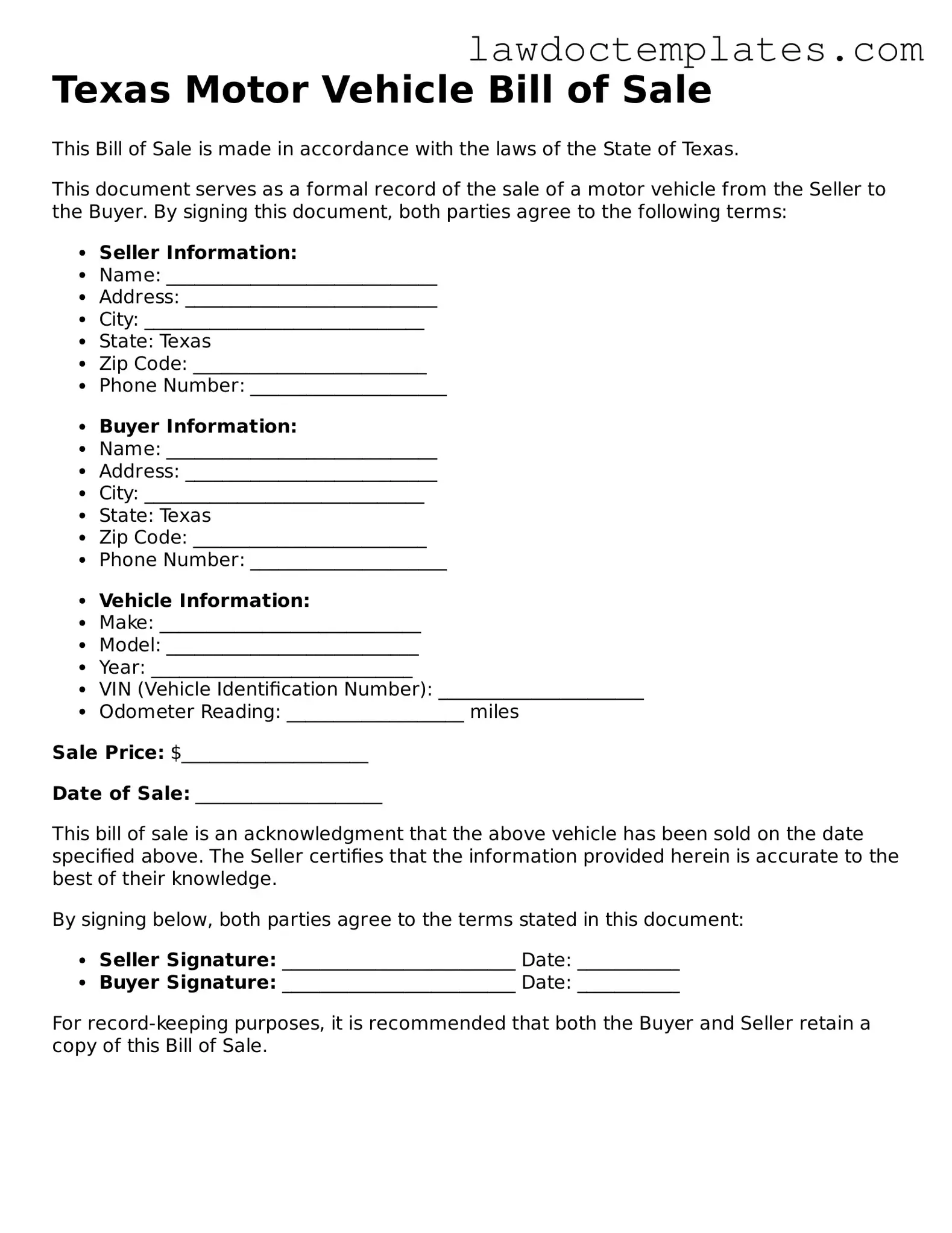 Motor Vehicle Bill of Sale Document for Texas State