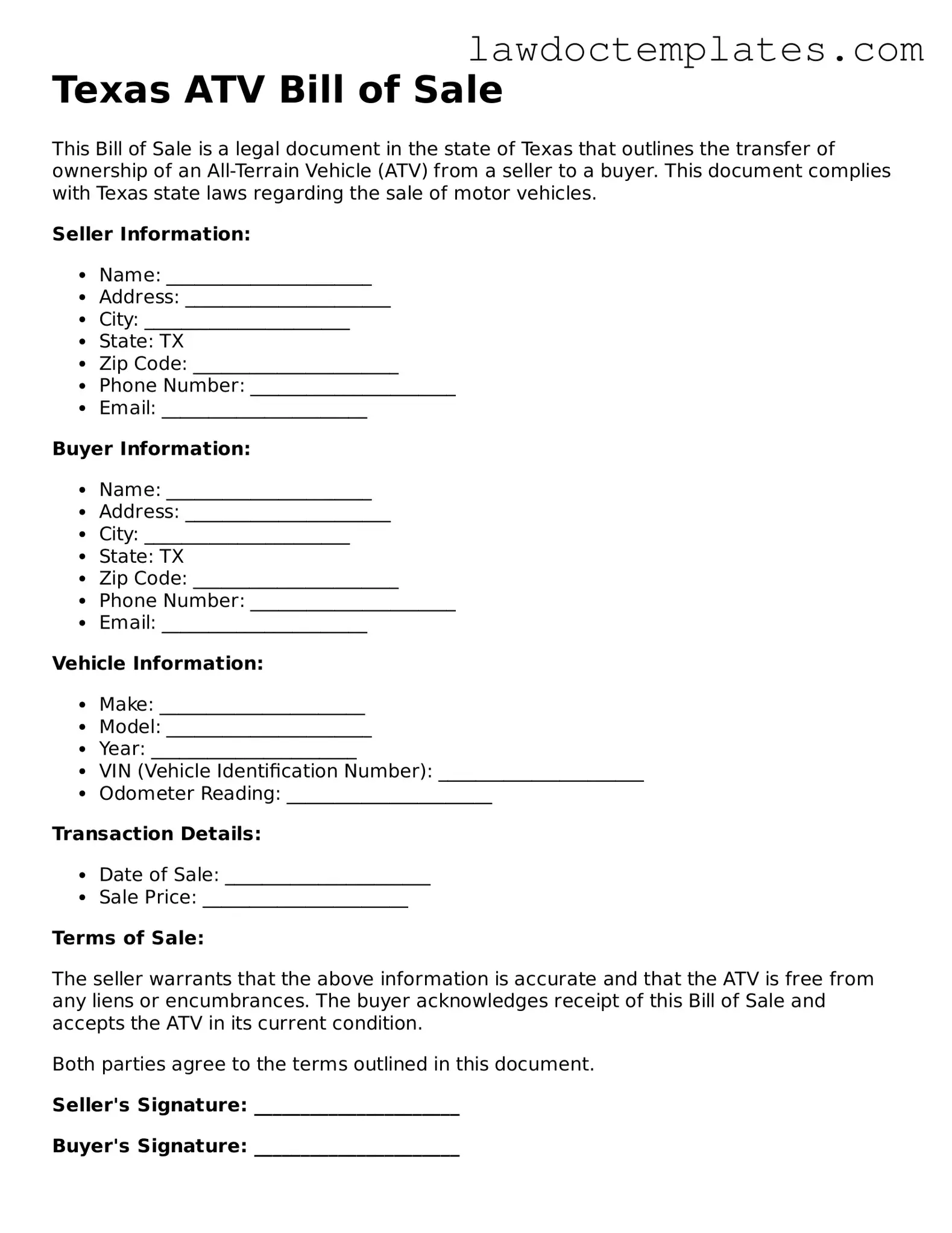 ATV Bill of Sale Document for Texas State