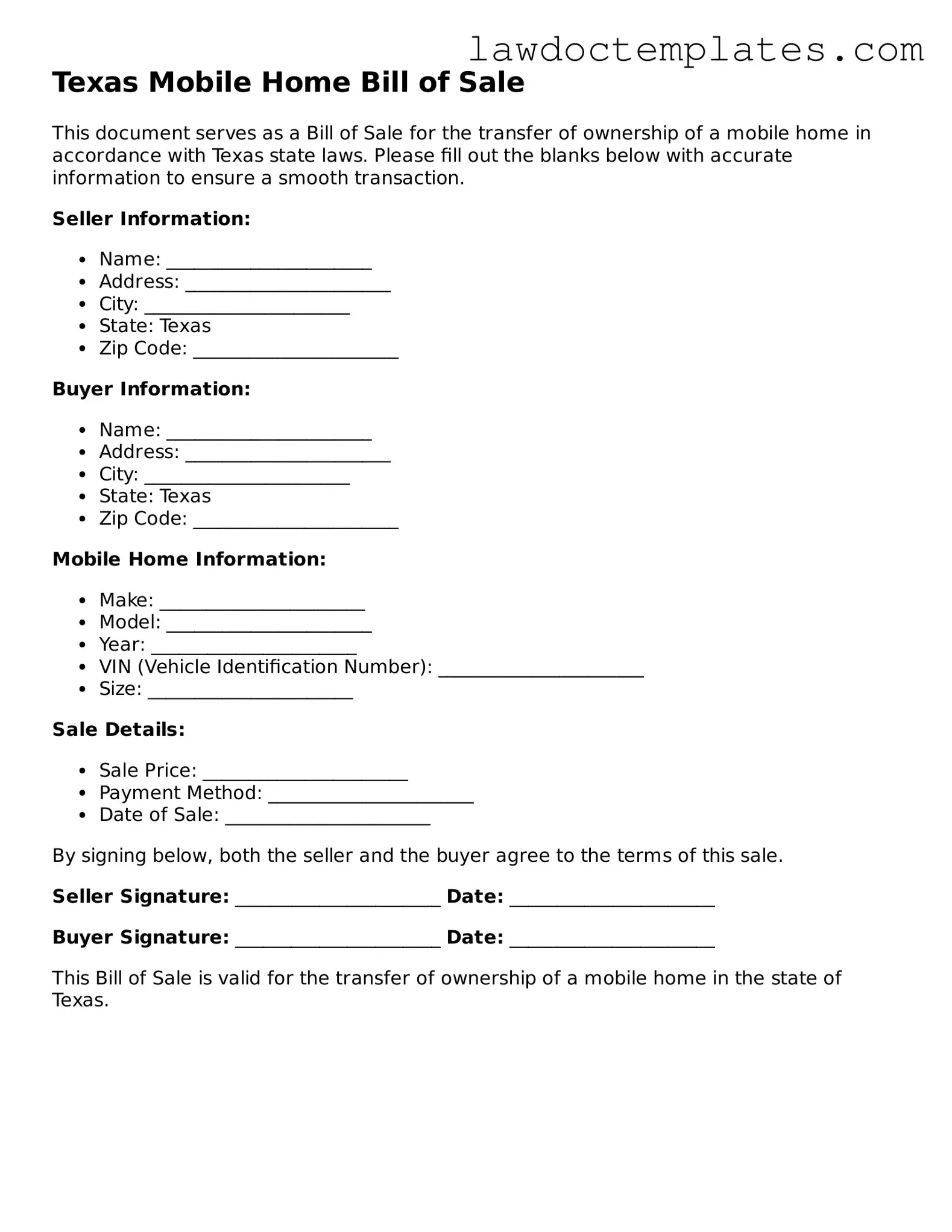 Mobile Home Bill of Sale Document for Texas State