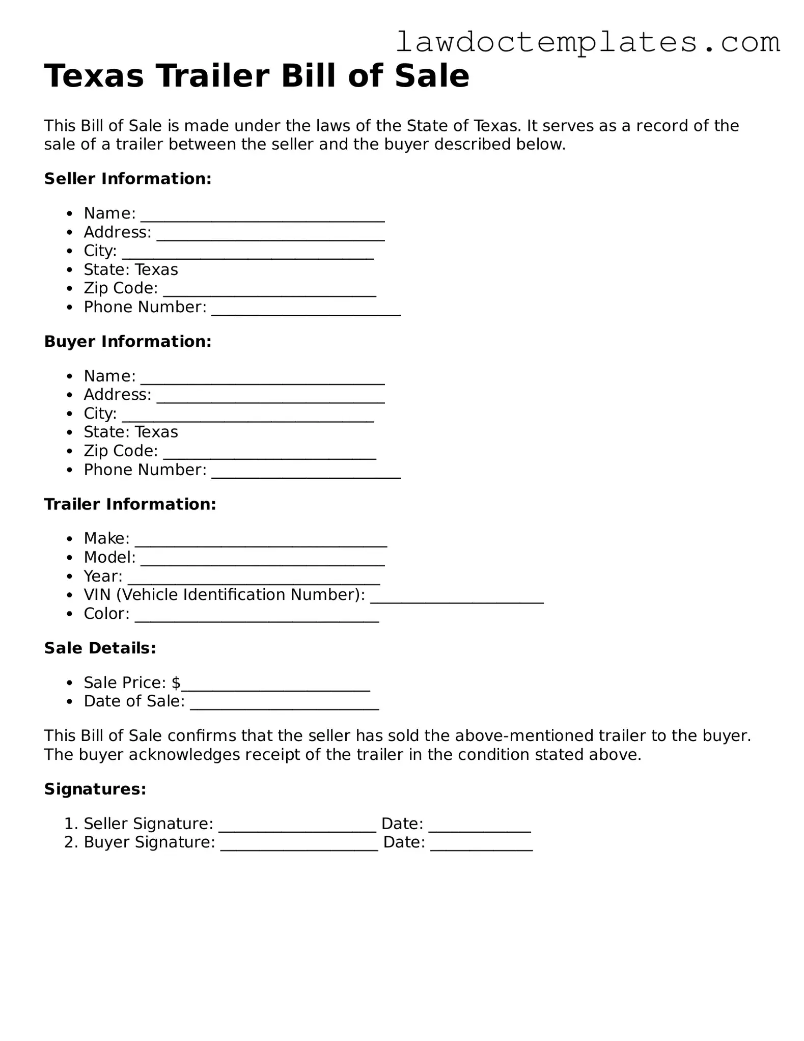 Trailer Bill of Sale Document for Texas State
