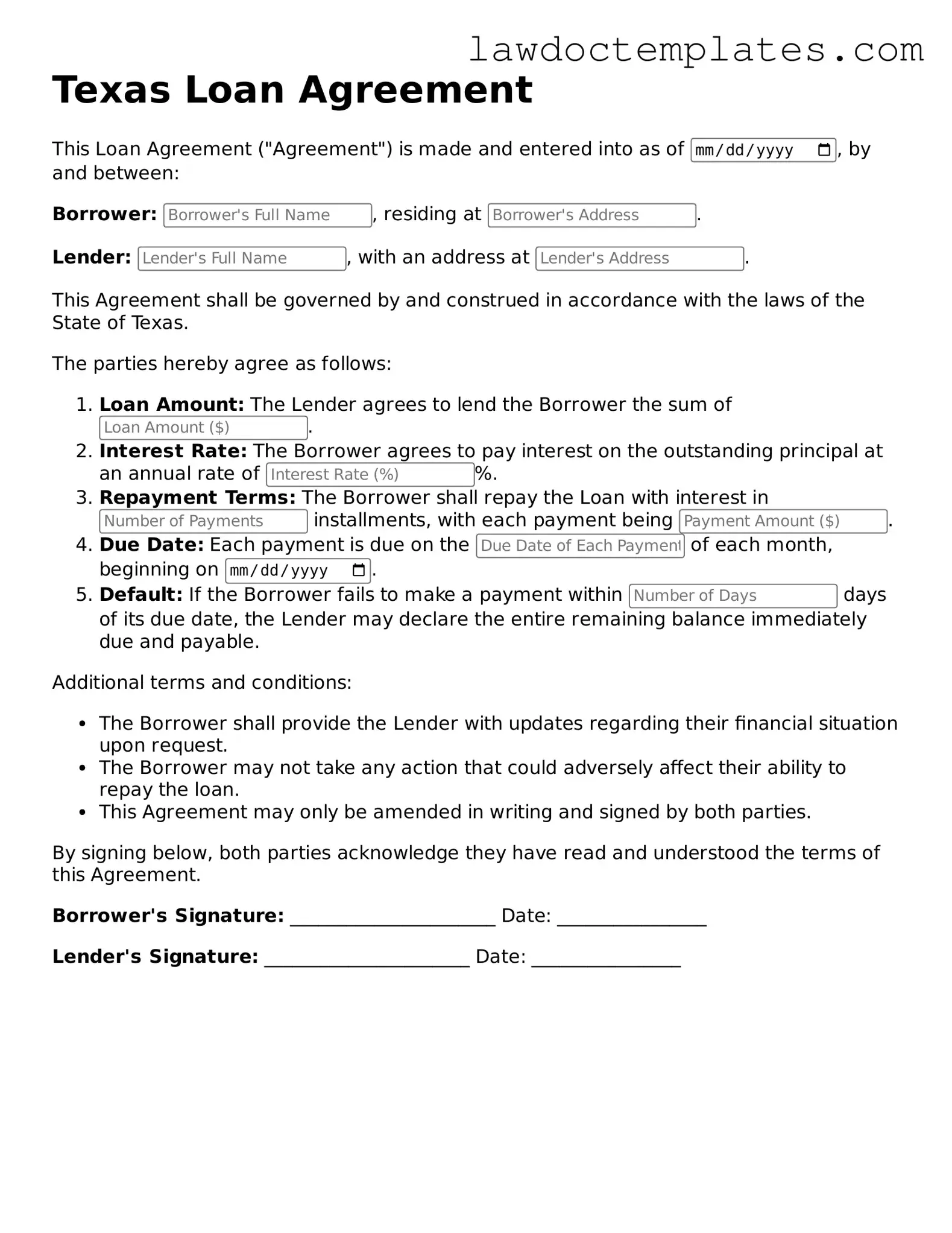 Loan Agreement Document for Texas State