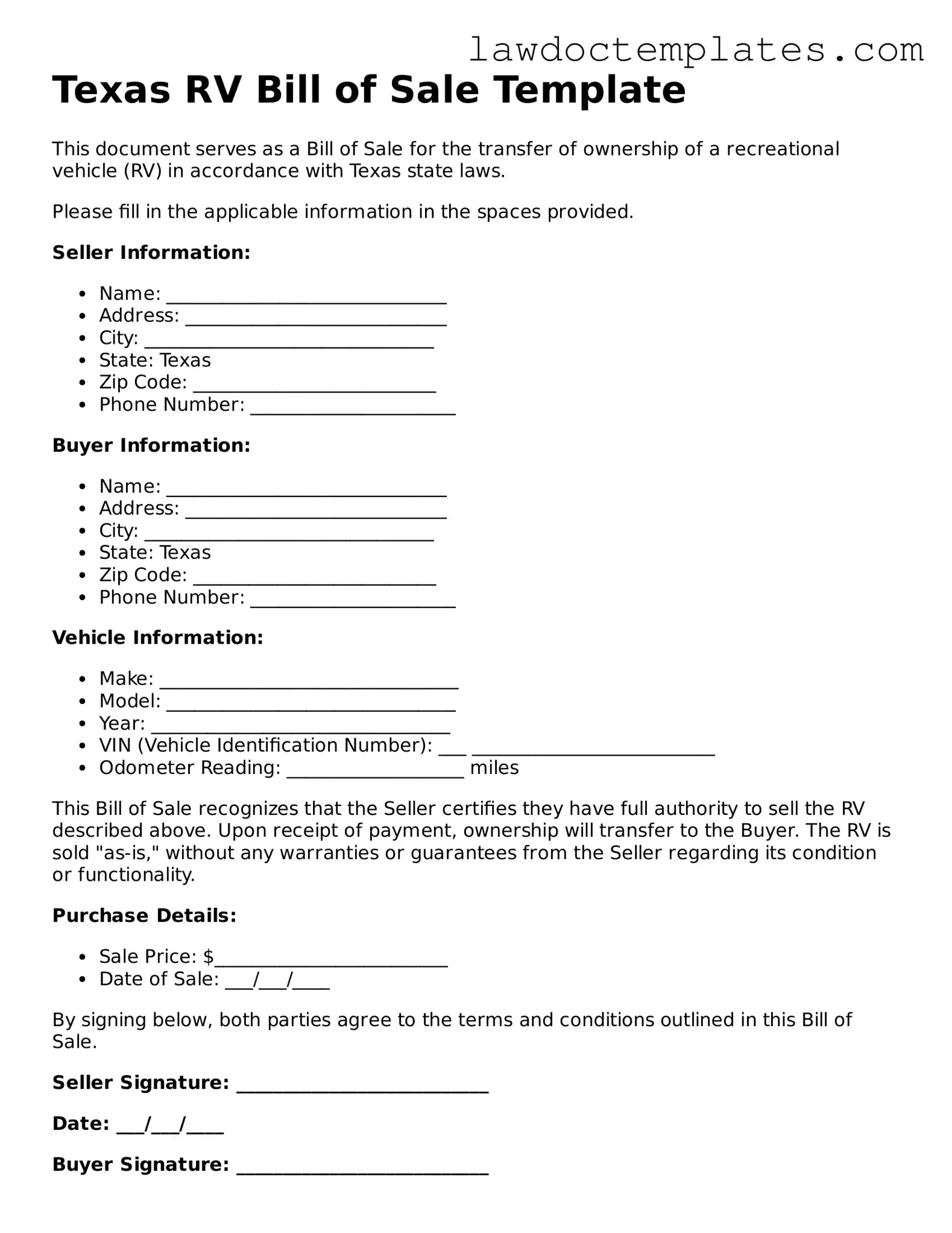 RV Bill of Sale Document for Texas State
