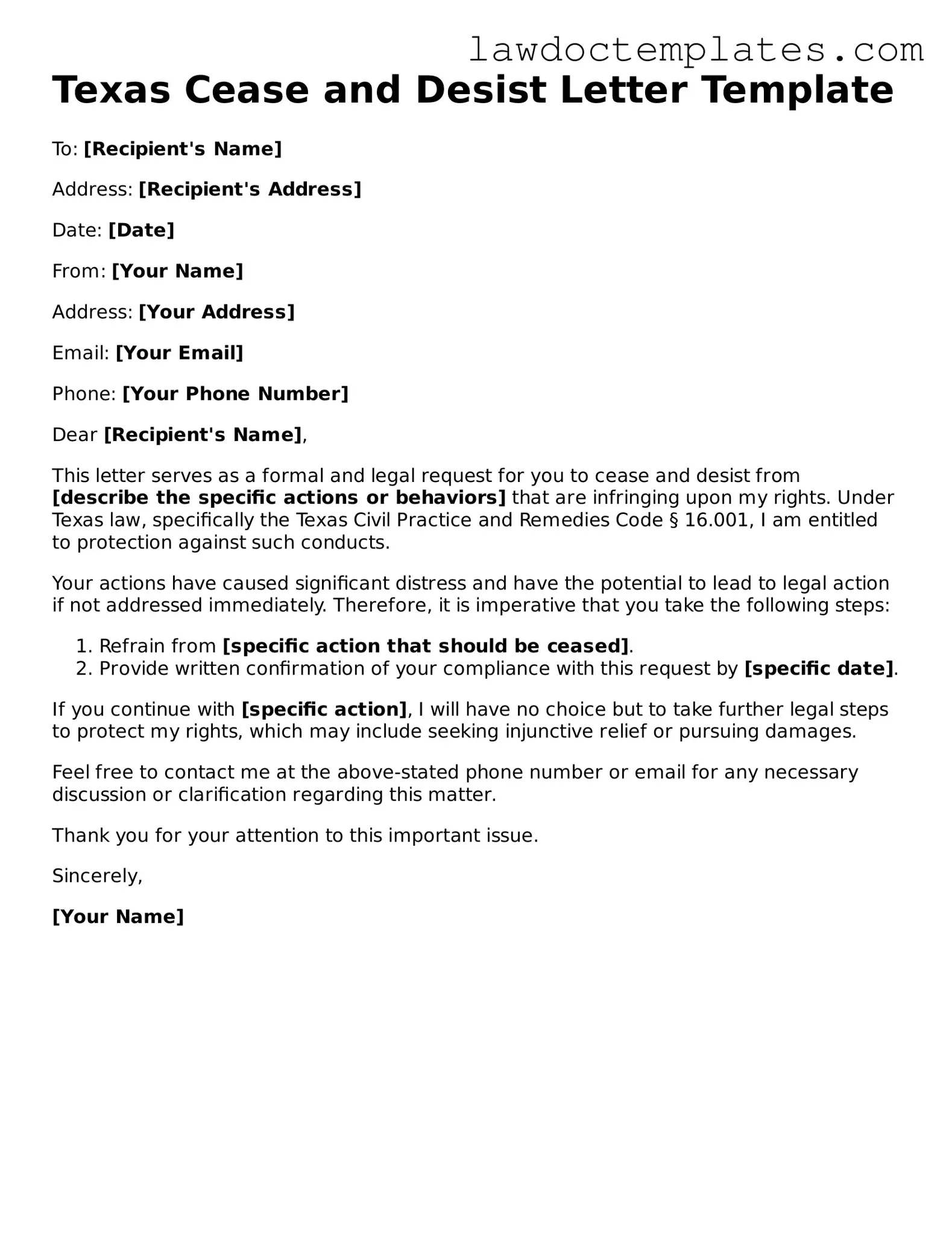 Cease and Desist Letter Document for Texas State