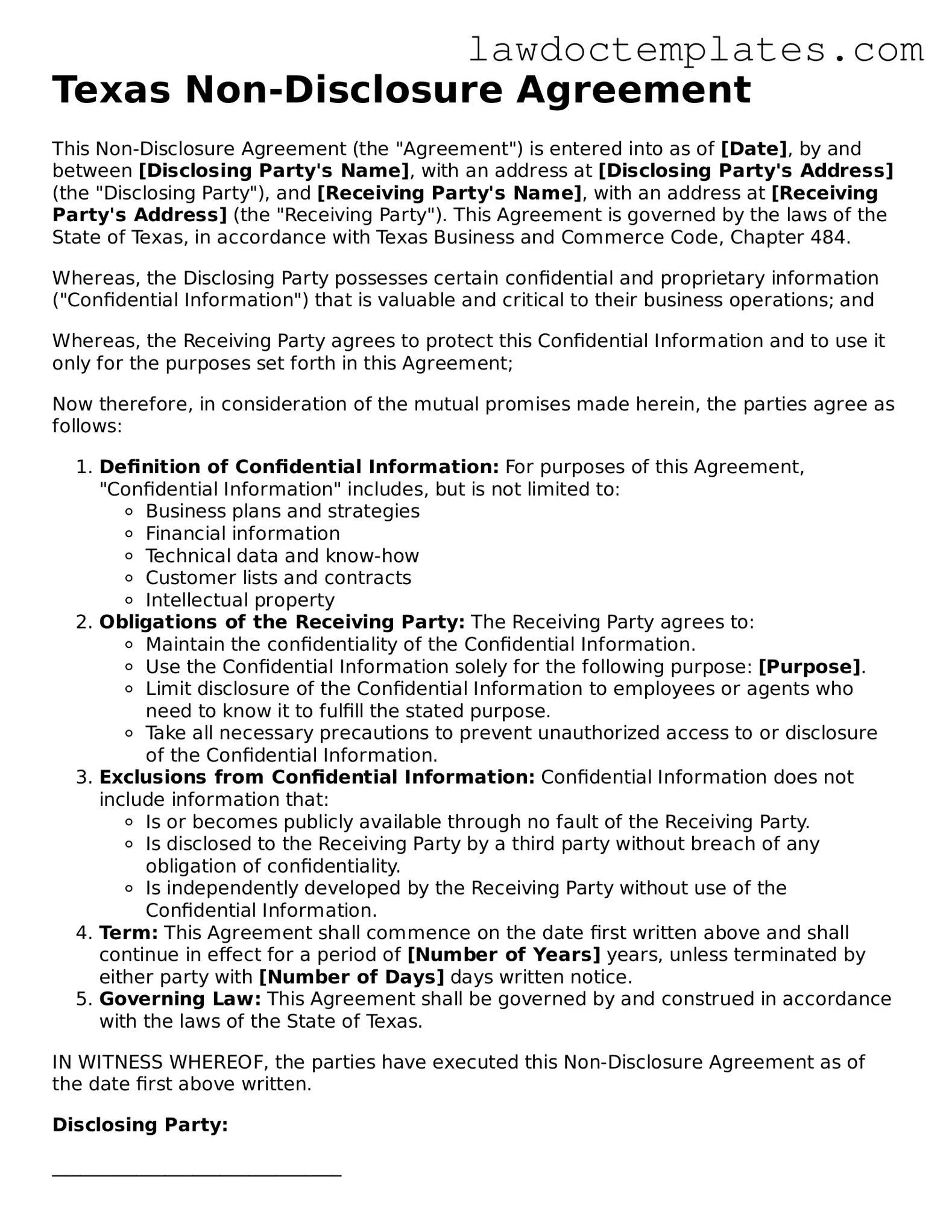Non-disclosure Agreement Document for Texas State