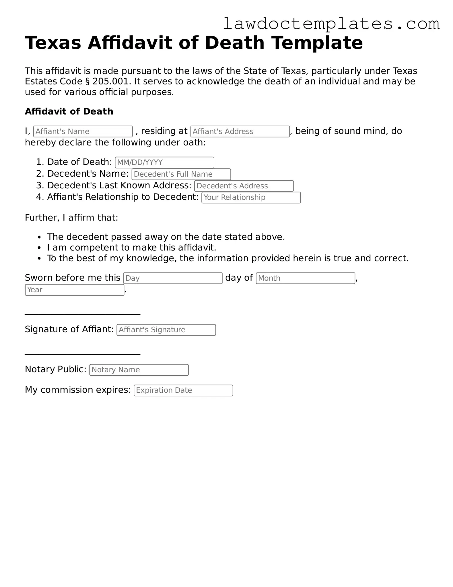 Affidavit of Death Document for Texas State