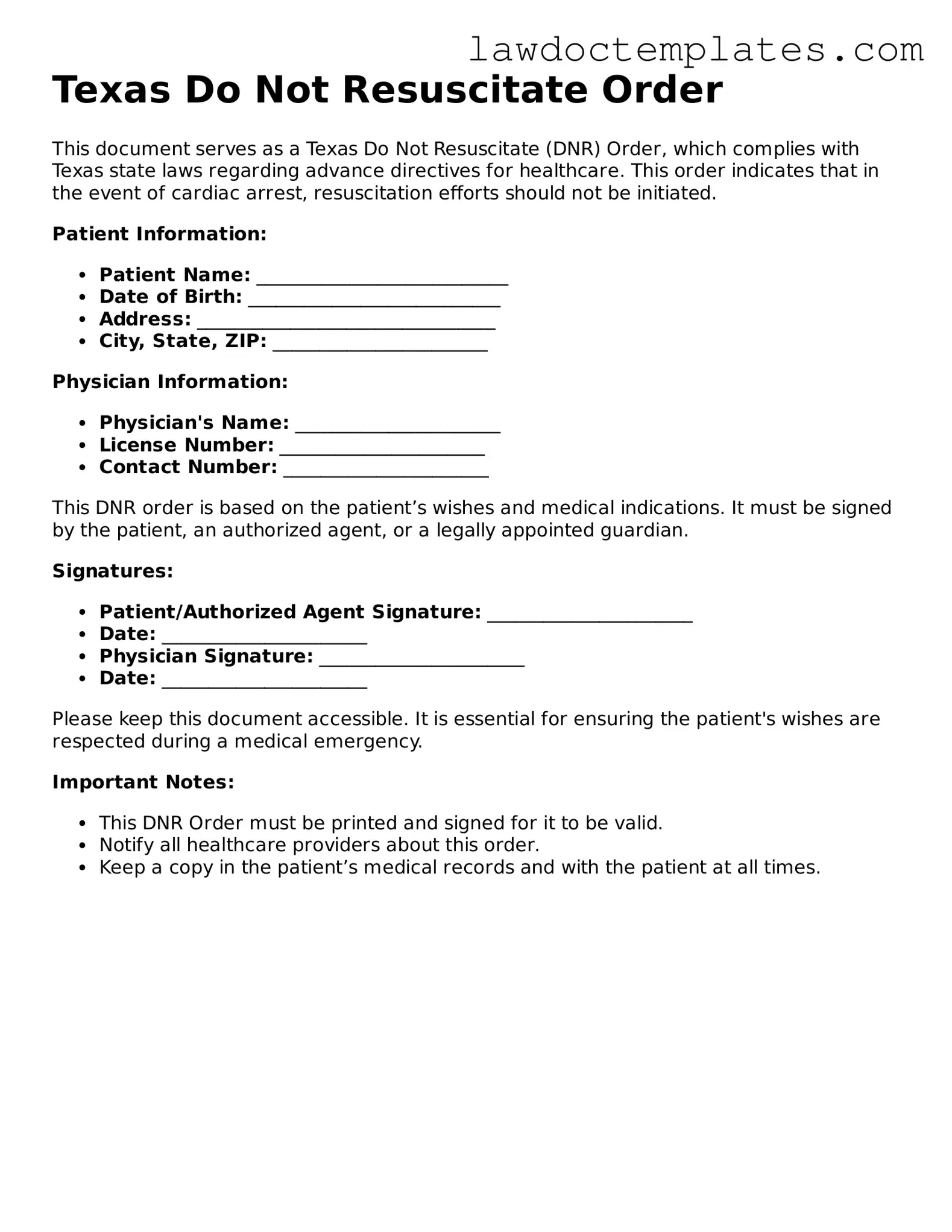 Do Not Resuscitate Order Document for Texas State