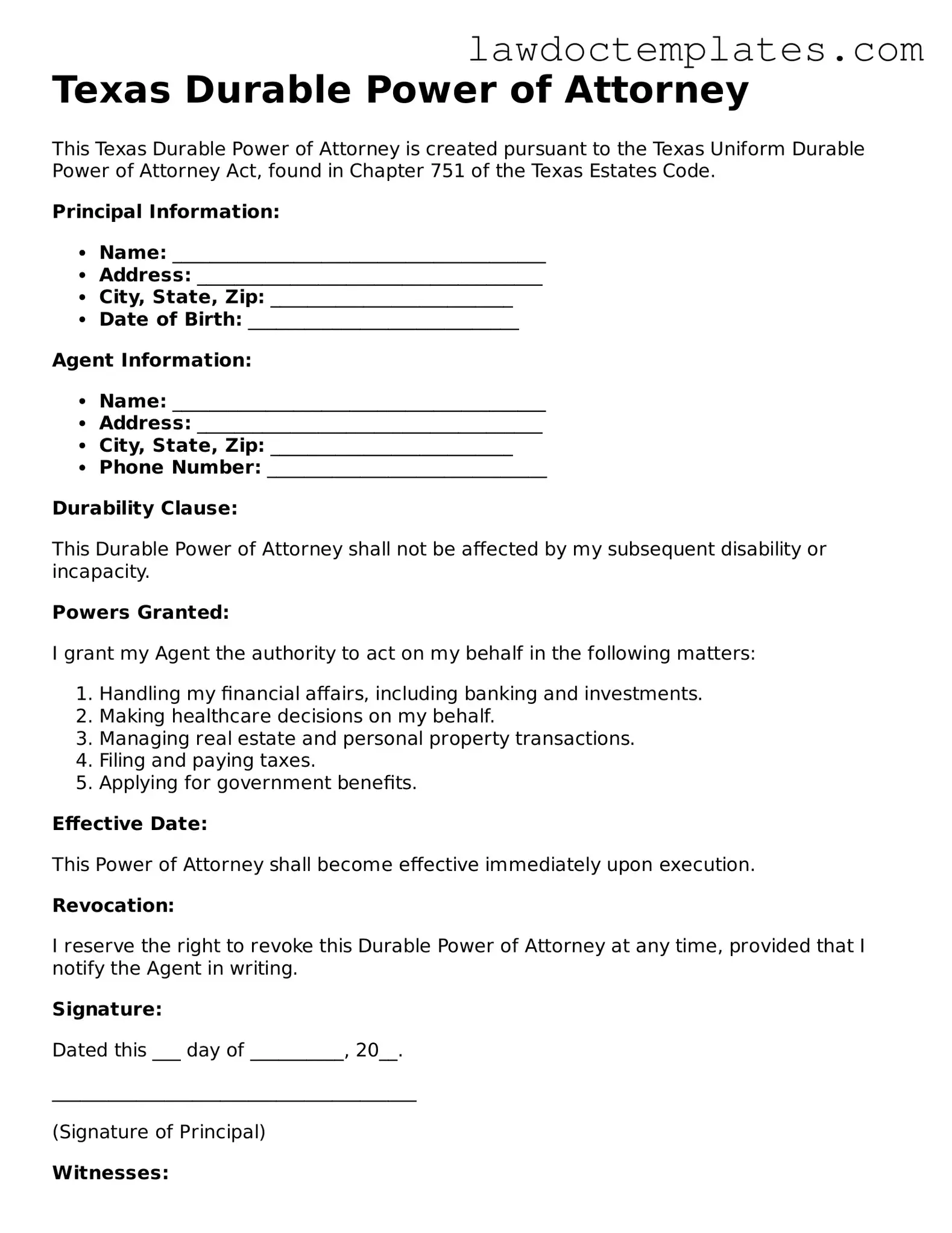 Durable Power of Attorney Document for Texas State