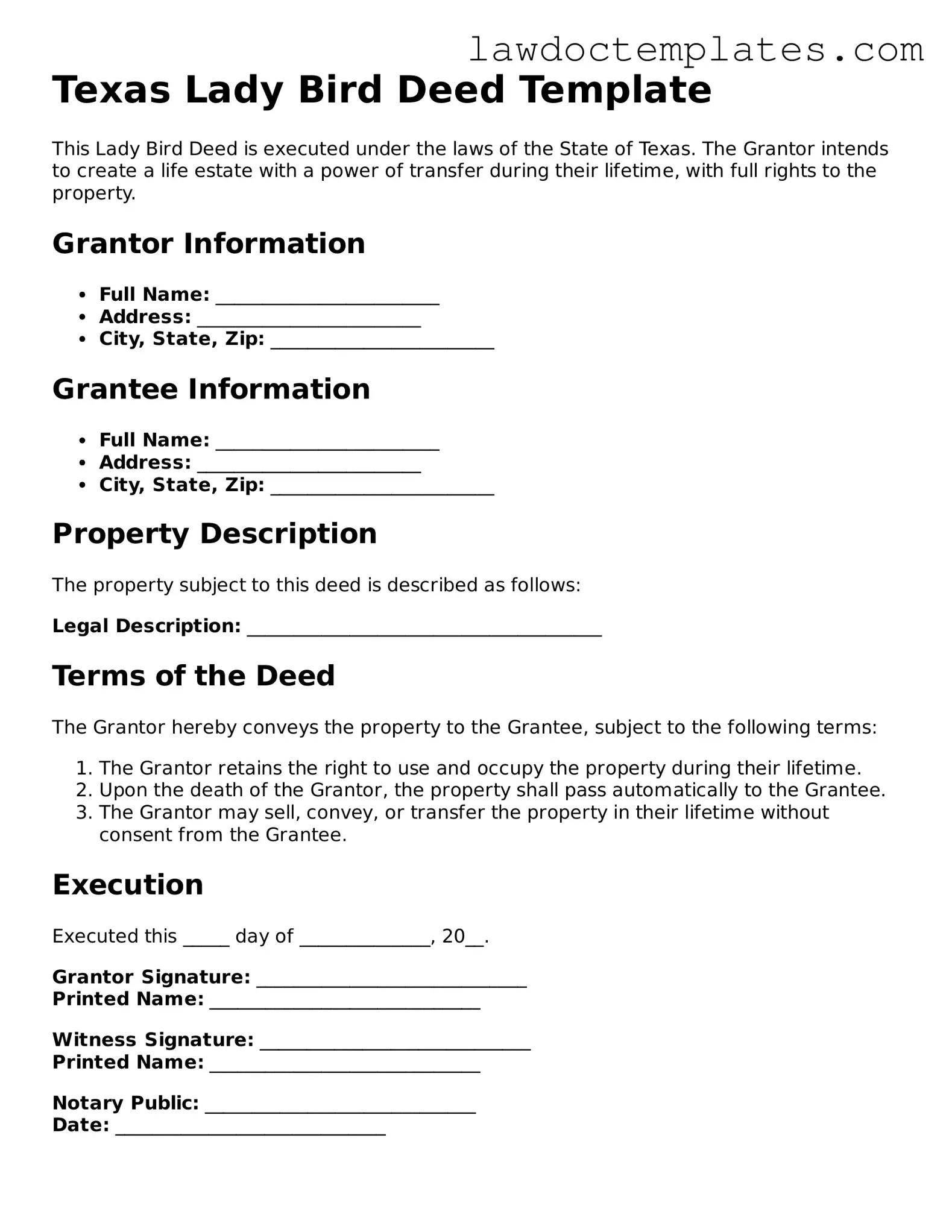Lady Bird Deed Document for Texas State