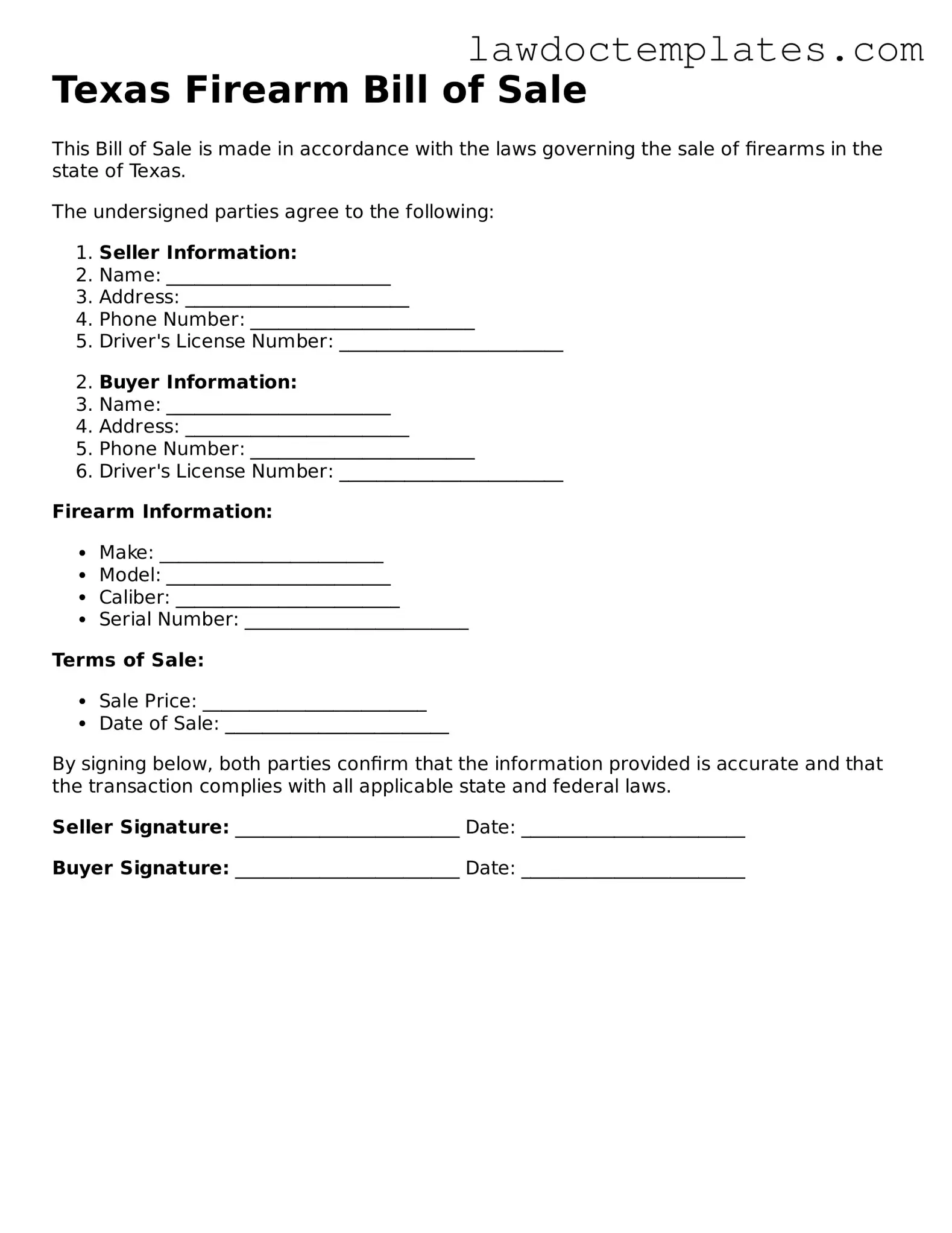 Firearm Bill of Sale Document for Texas State