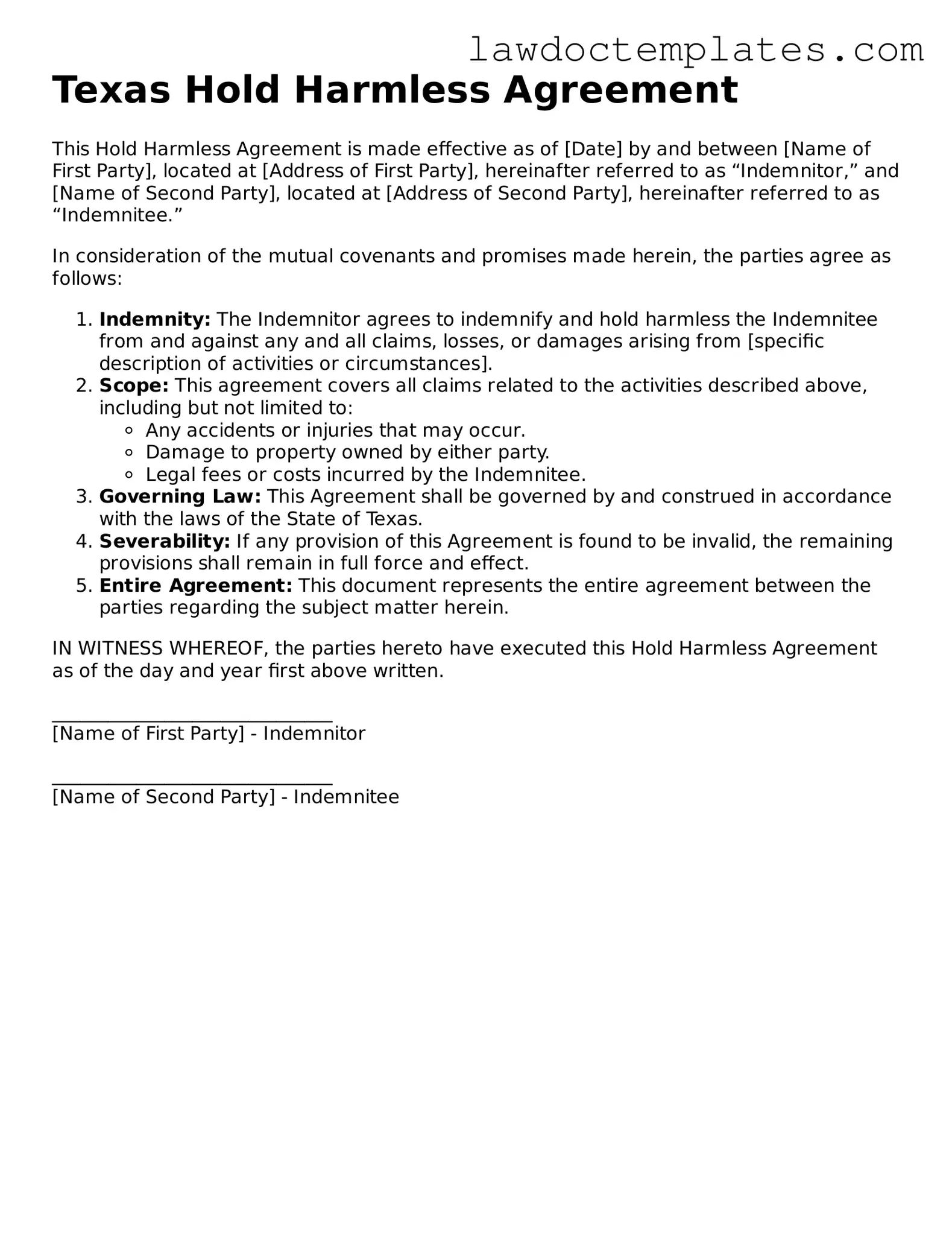 Hold Harmless Agreement Document for Texas State