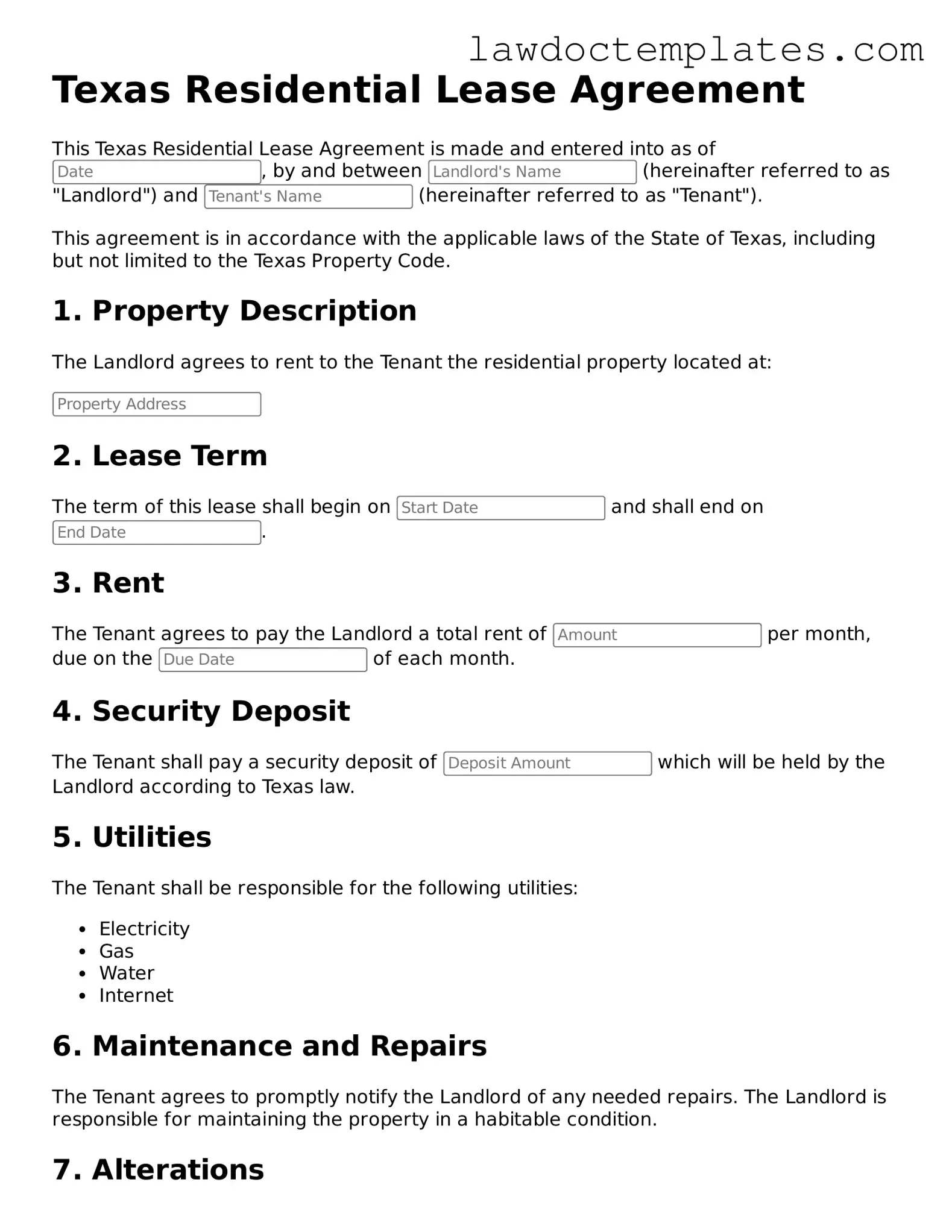 Residential Lease Agreement Document for Texas State