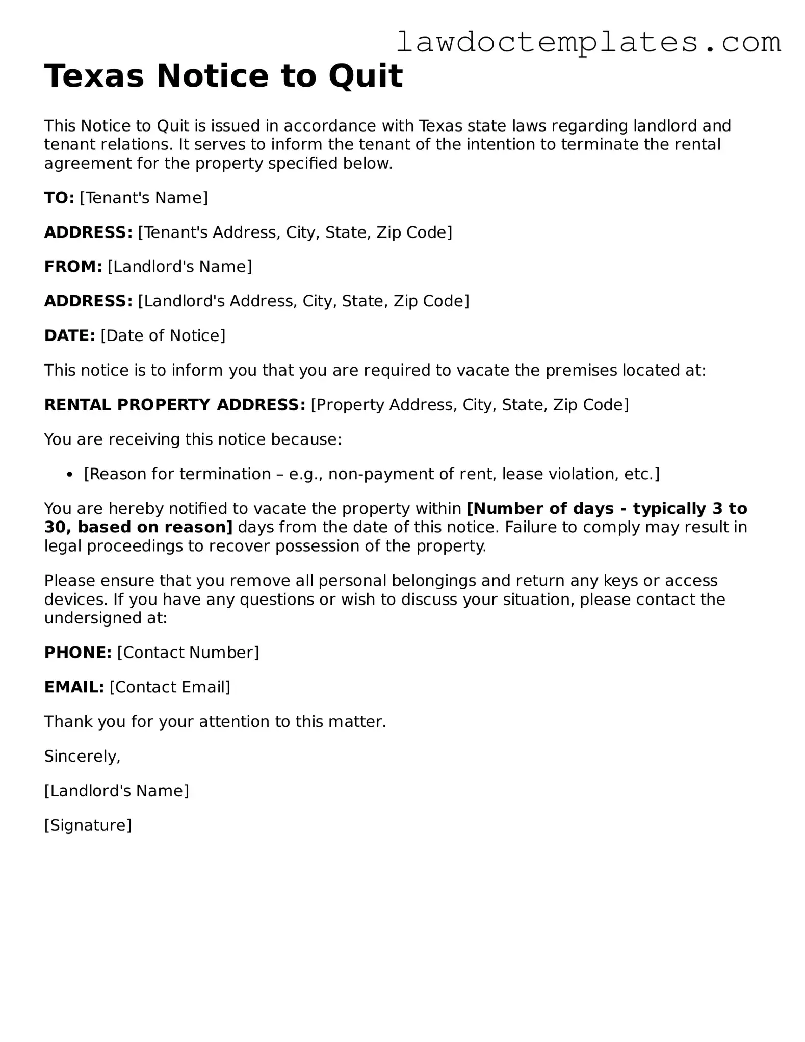 Notice to Quit Document for Texas State