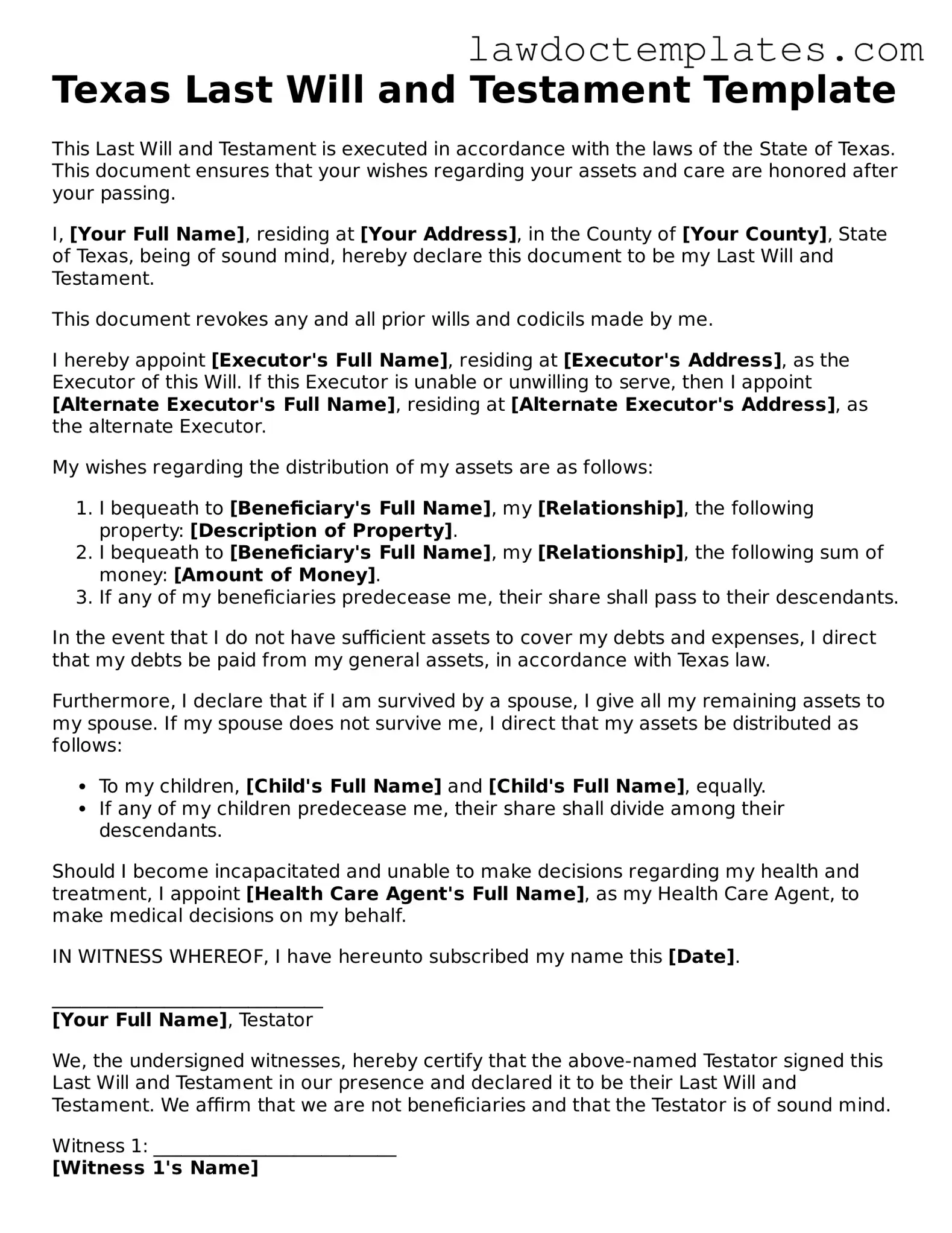 Last Will and Testament Document for Texas State