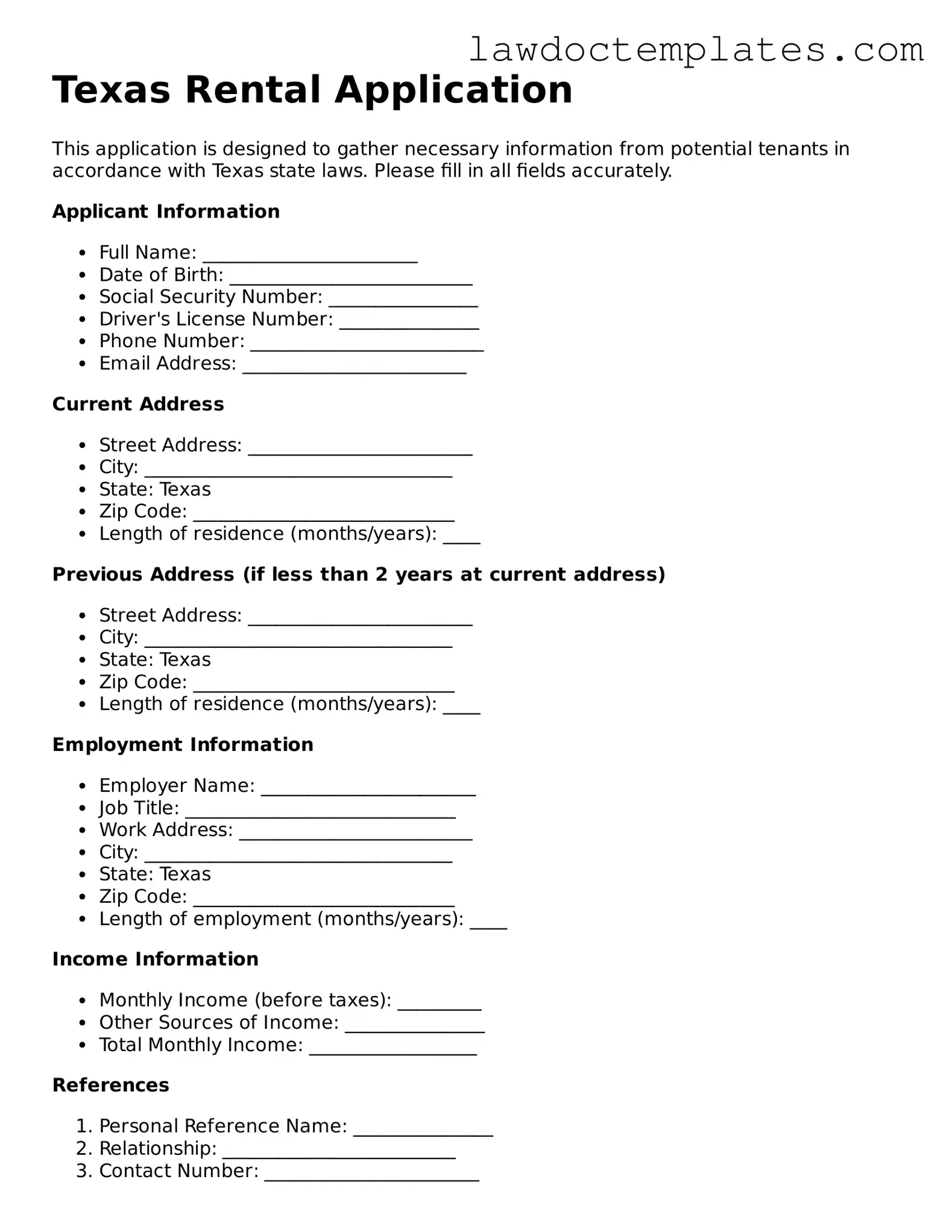 Rental Application Document for Texas State