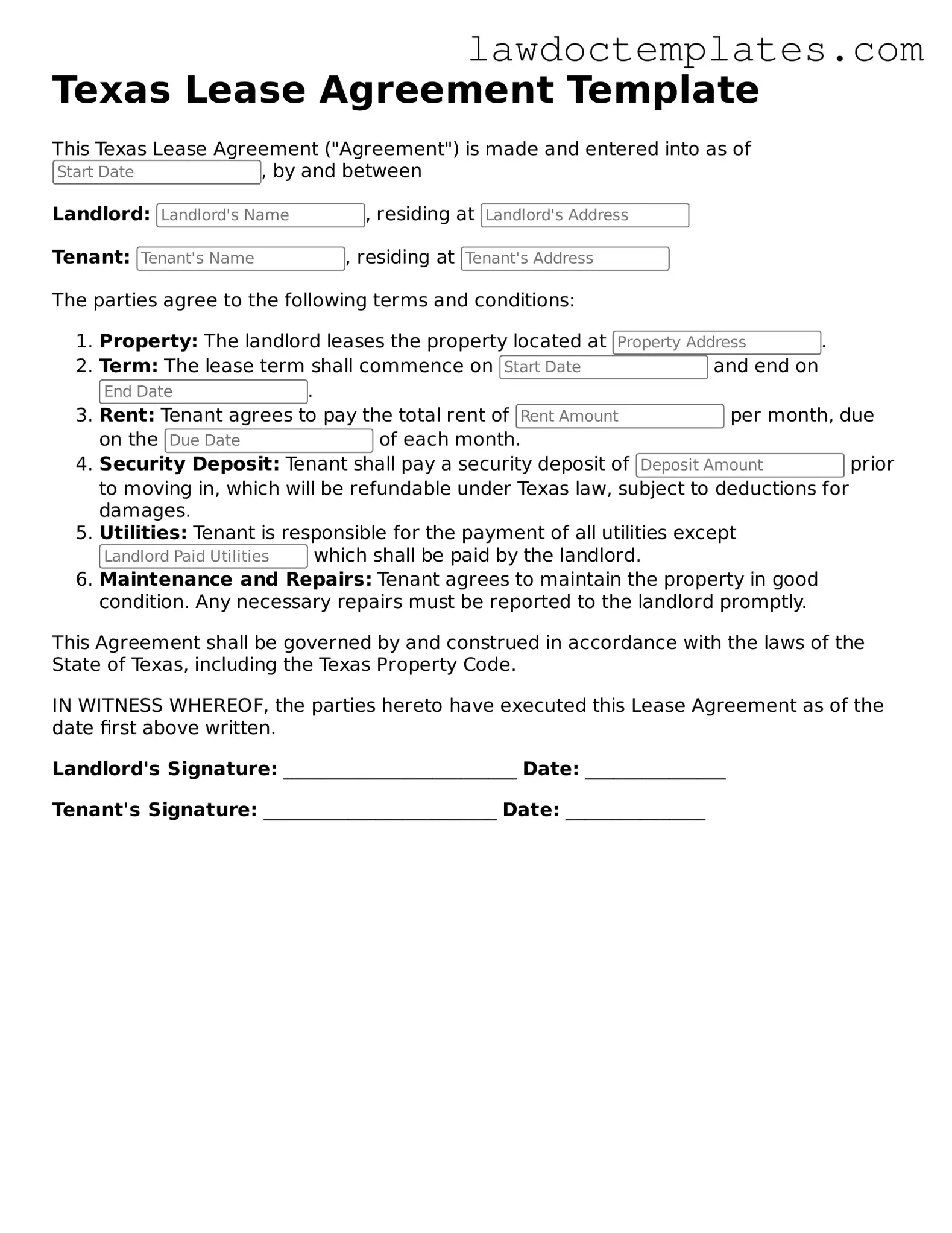 Lease Agreement Document for Texas State